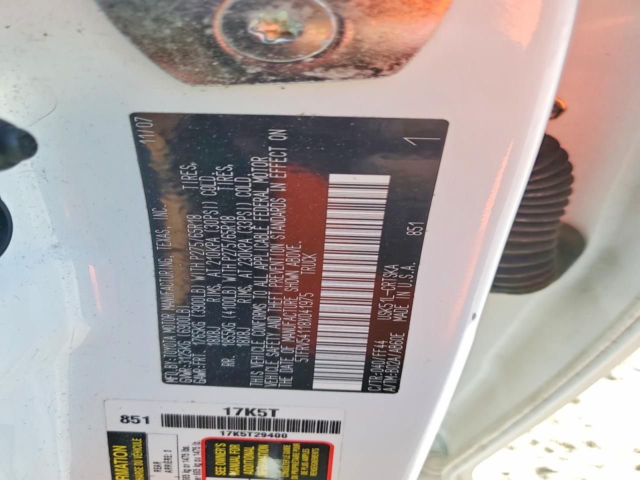 2008 Toyota Tundra Sr5 White vin: 5TFRV54118X041975