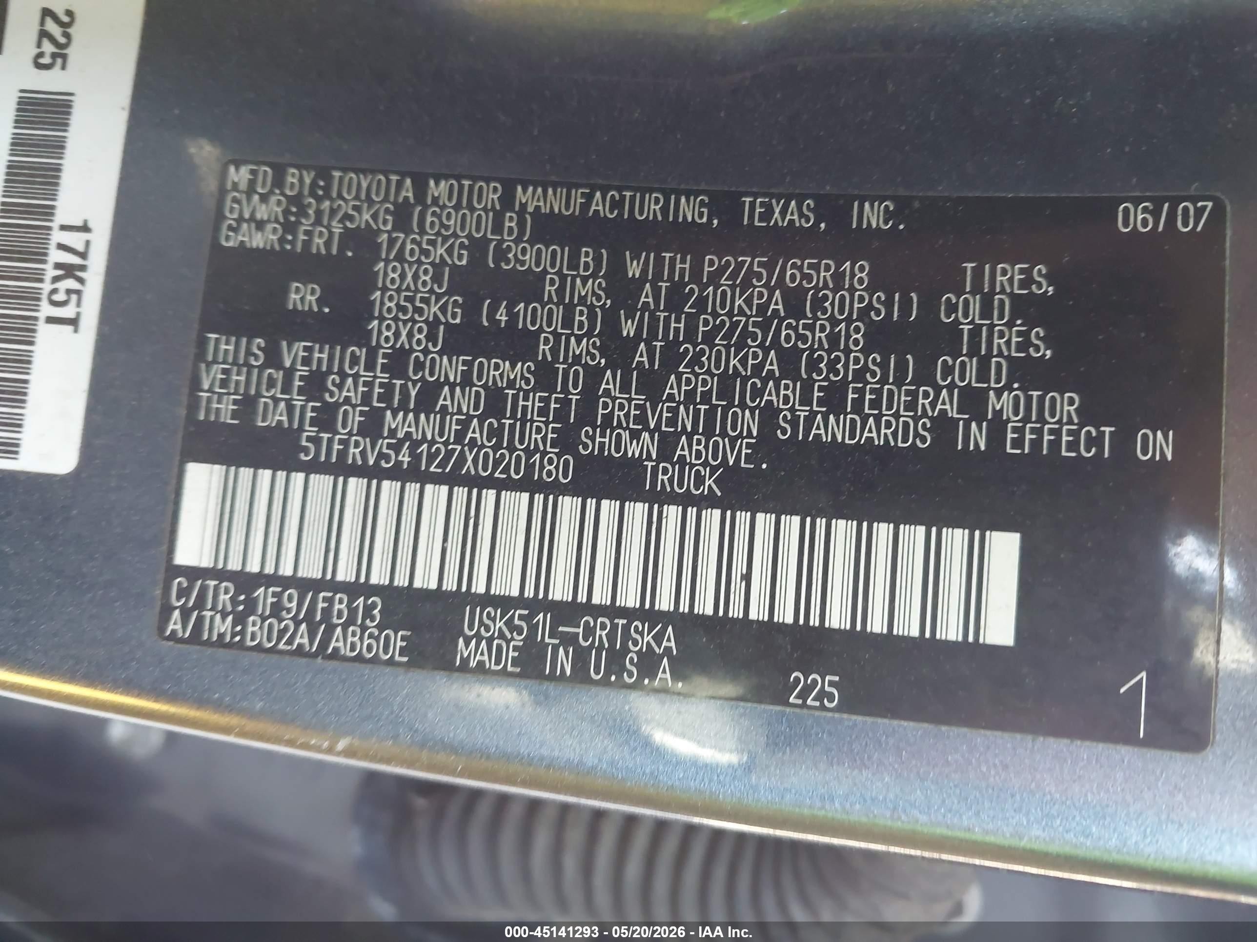 2007 Toyota Tundra Sr5 V8 Gray vin: 5TFRV54127X020180