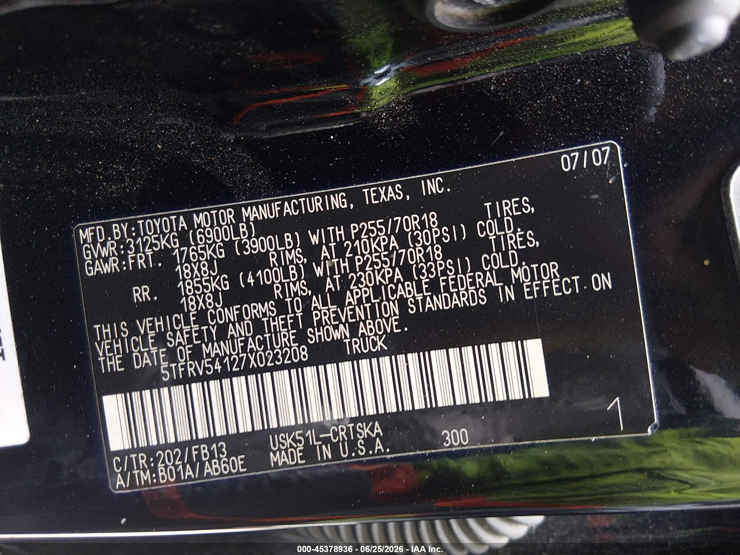 2007 Toyota Tundra Sr5 V8 Black vin: 5TFRV54127X023208