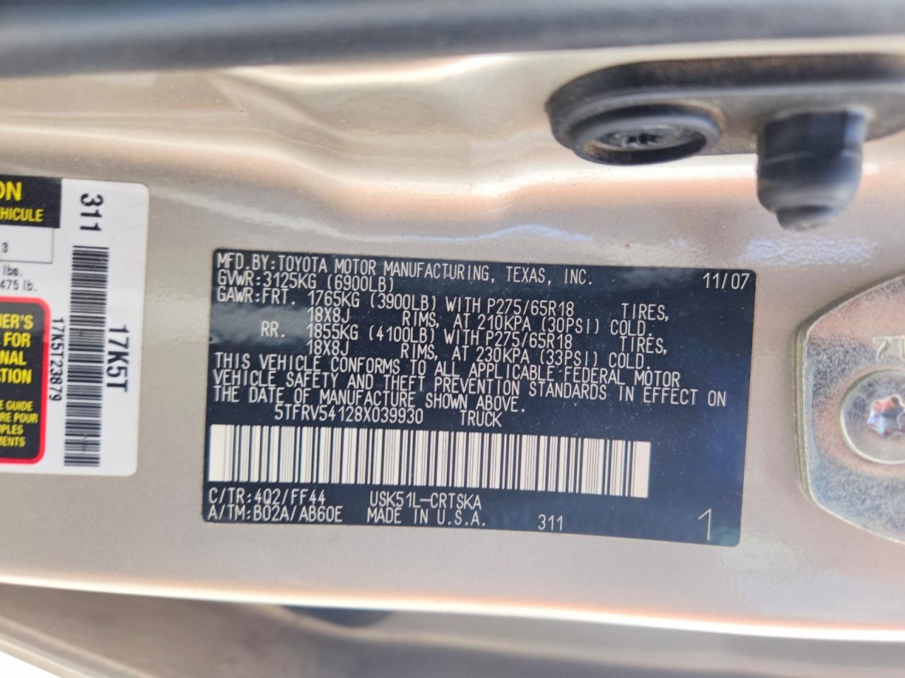 2008 Toyota Tundra Sr5 Tan vin: 5TFRV54128X039930