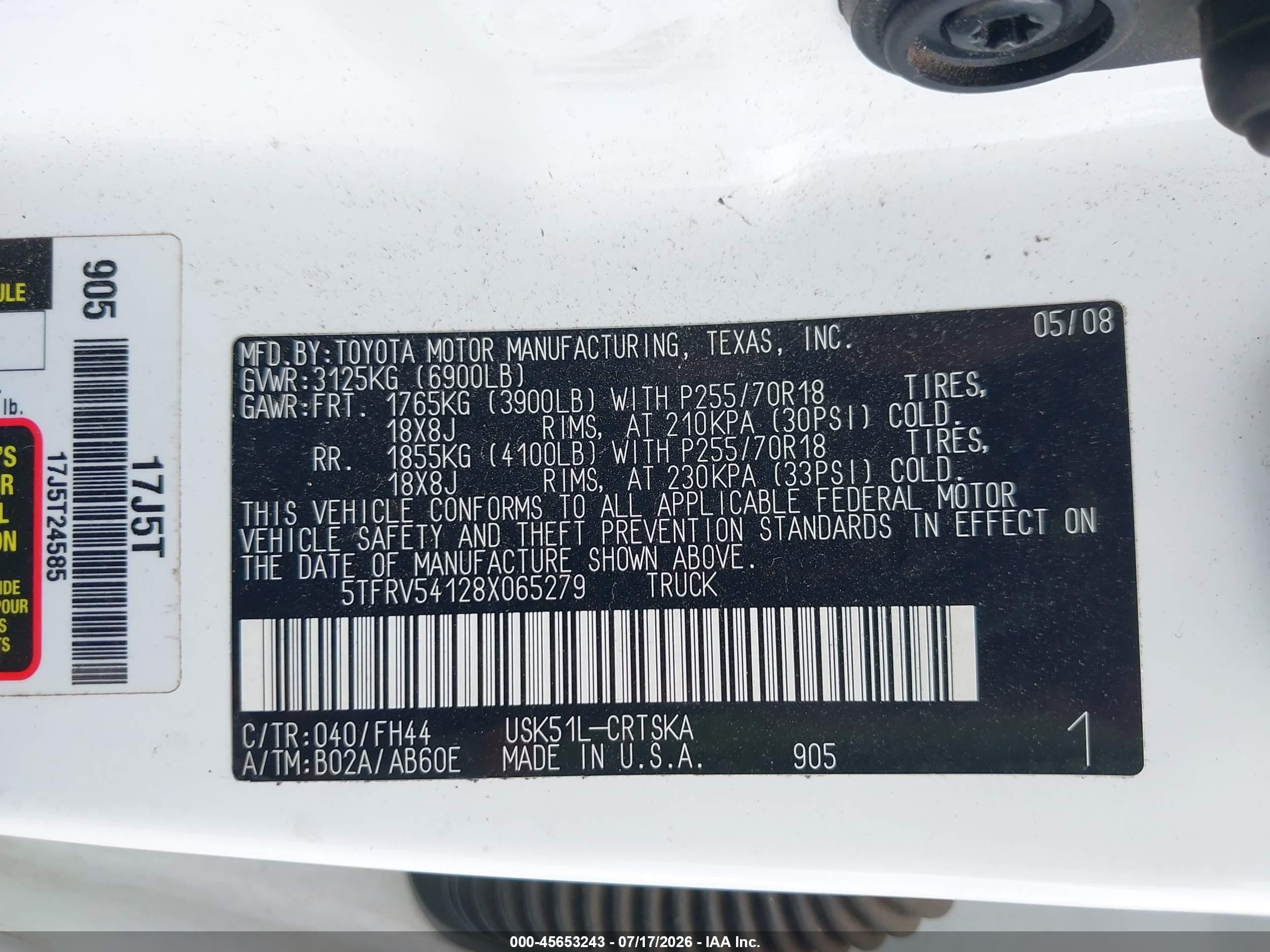 2008 Toyota Tundra Base 5.7l V8 White vin: 5TFRV54128X065279