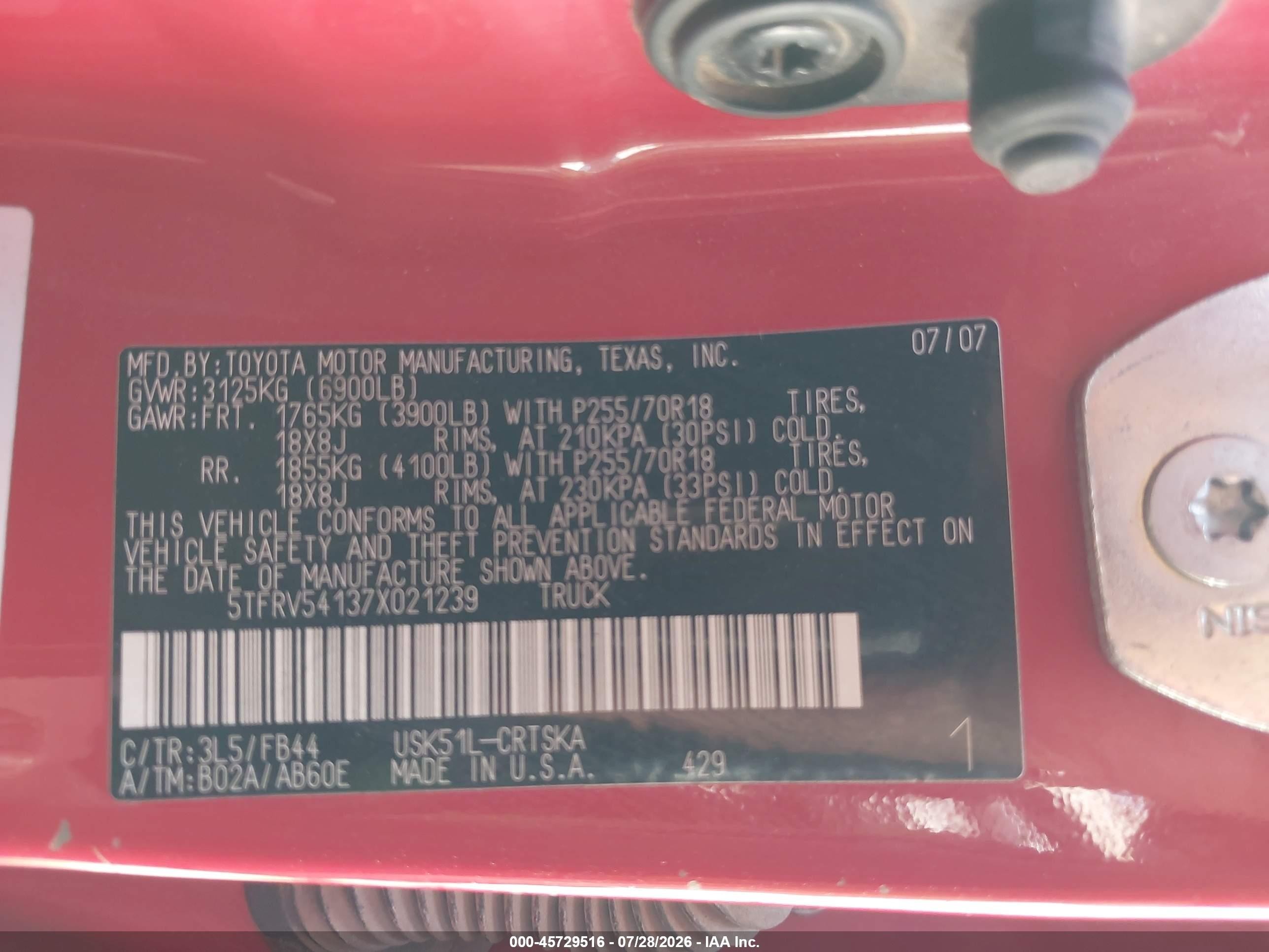 2007 Toyota Tundra Sr5 V8 Red vin: 5TFRV54137X021239
