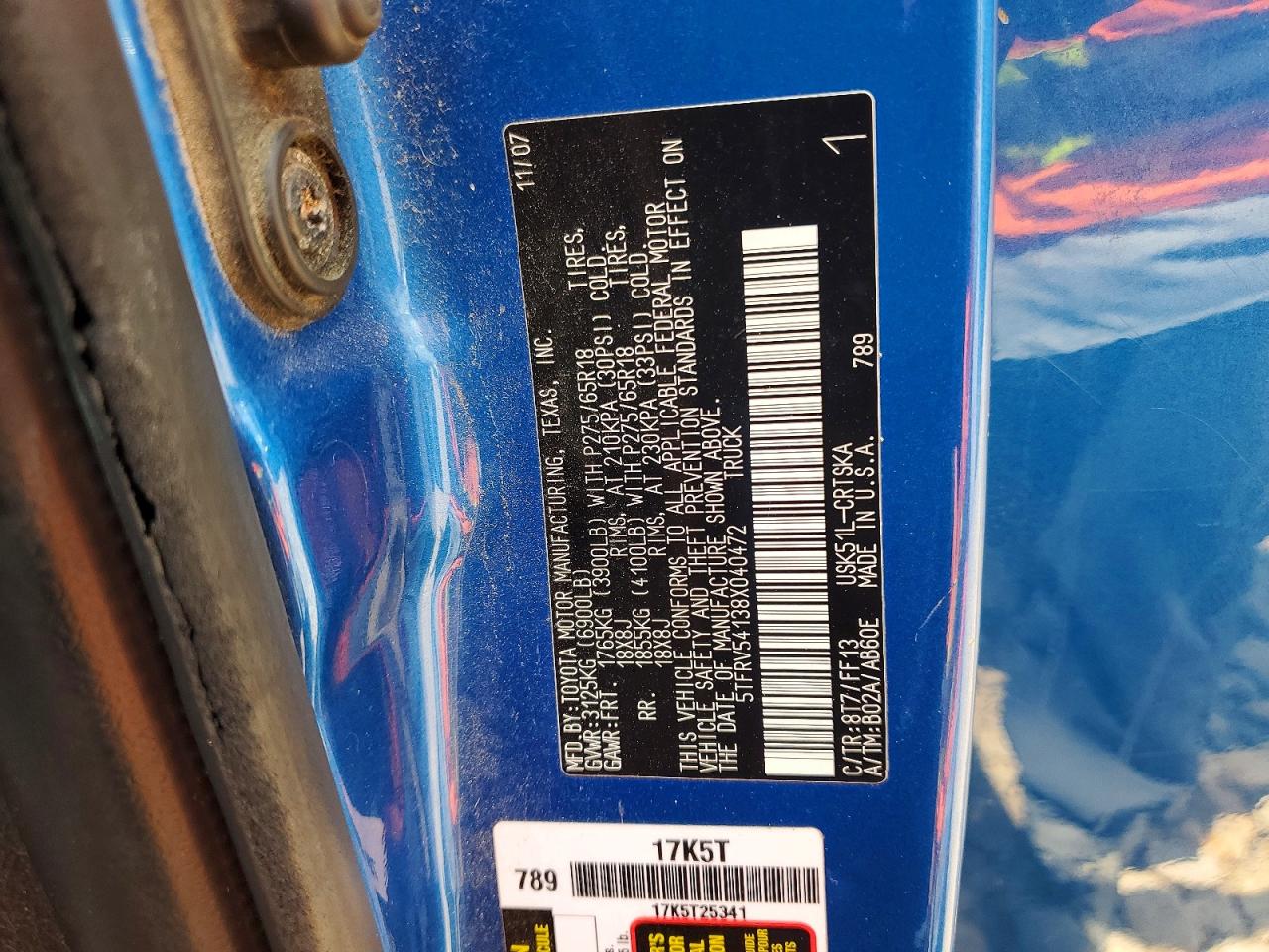 2008 Toyota Tundra Sr5 Blue vin: 5TFRV54138X040472