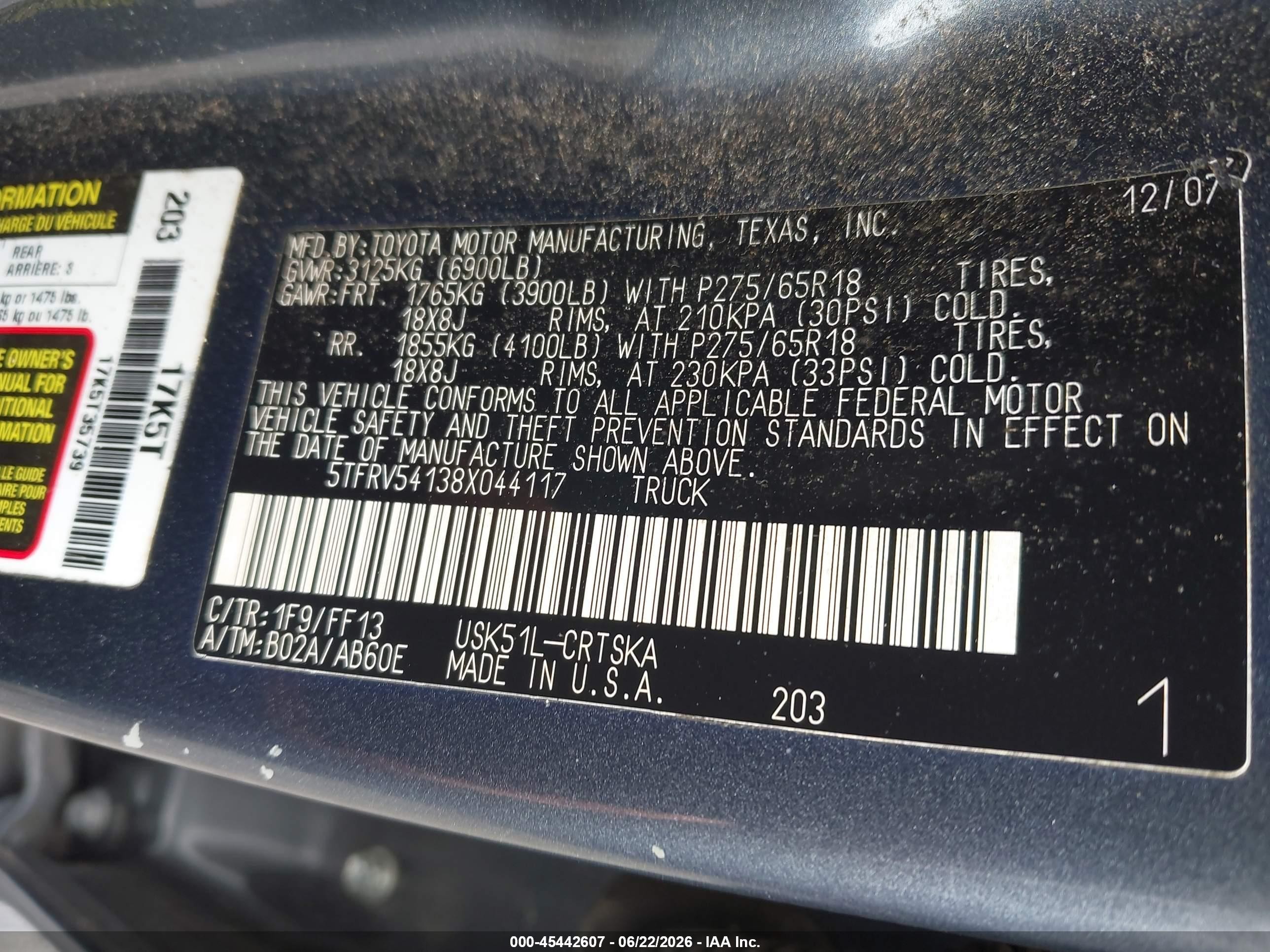 2008 Toyota Tundra Sr5 5.7l V8 Gray vin: 5TFRV54138X044117