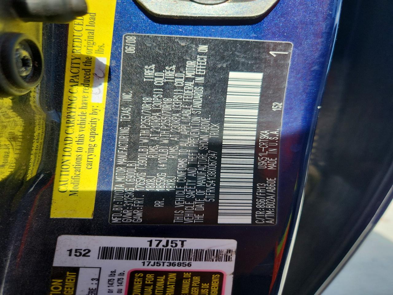 2008 Toyota Tundra Grade Blue vin: 5TFRV54138X067347
