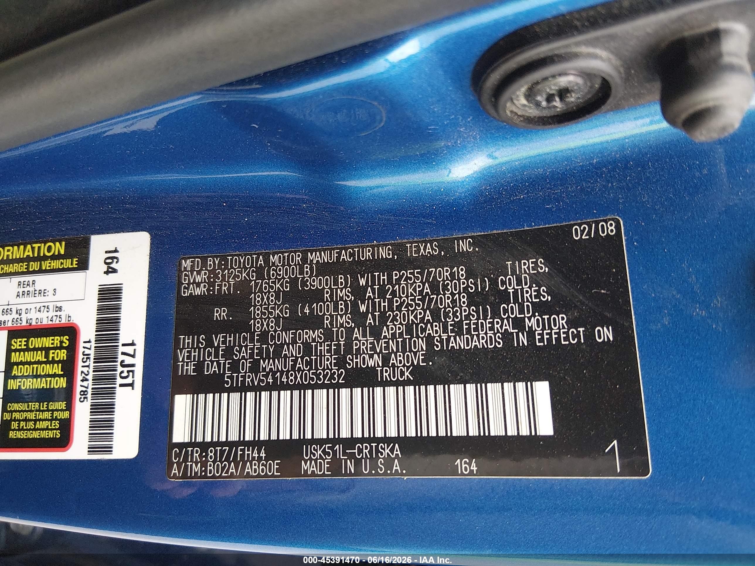 2008 Toyota Tundra Sr5 5.7l V8 Blue vin: 5TFRV54148X053232