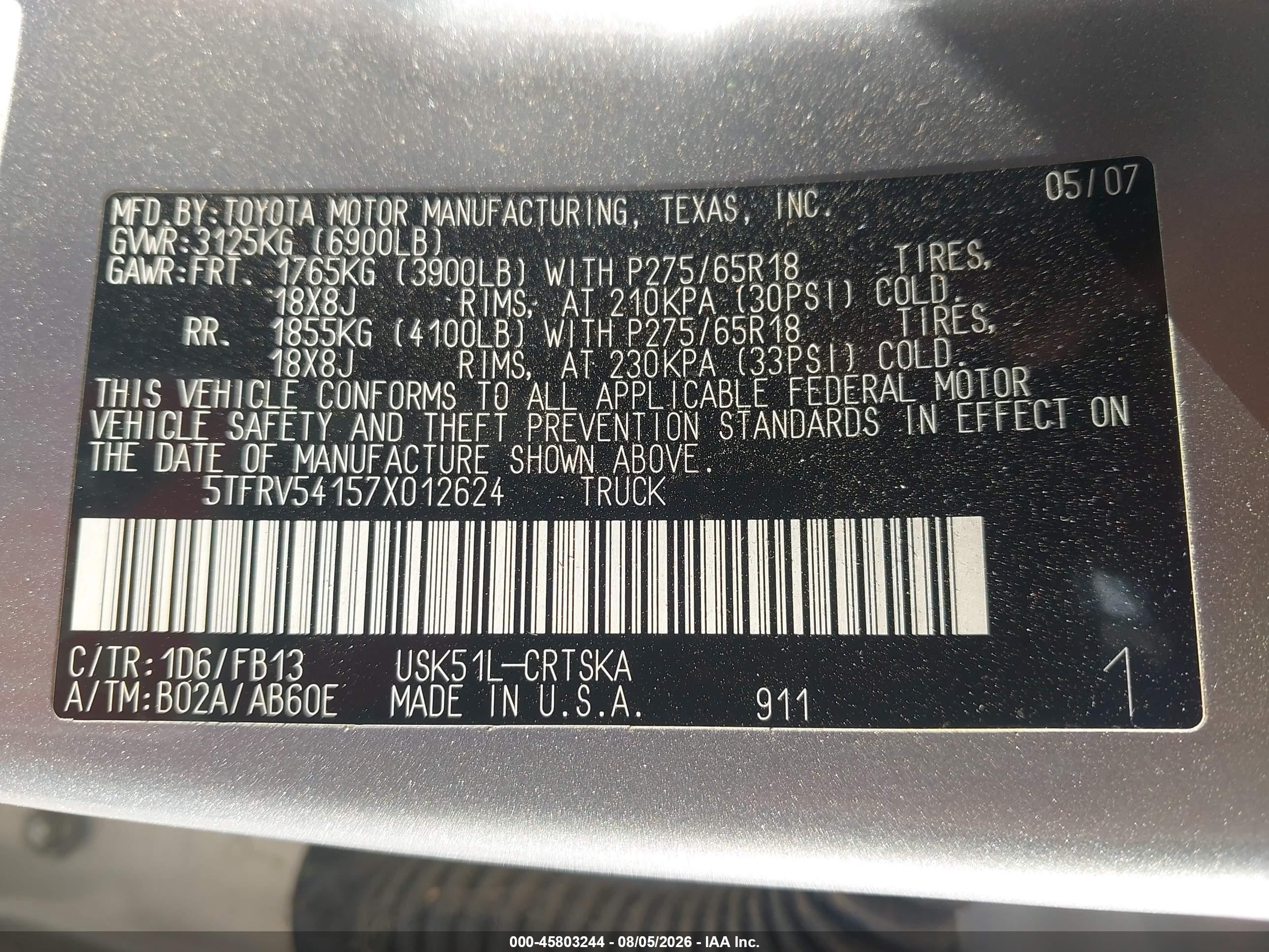2007 Toyota Tundra Sr5 V8 Silver vin: 5TFRV54157X012624