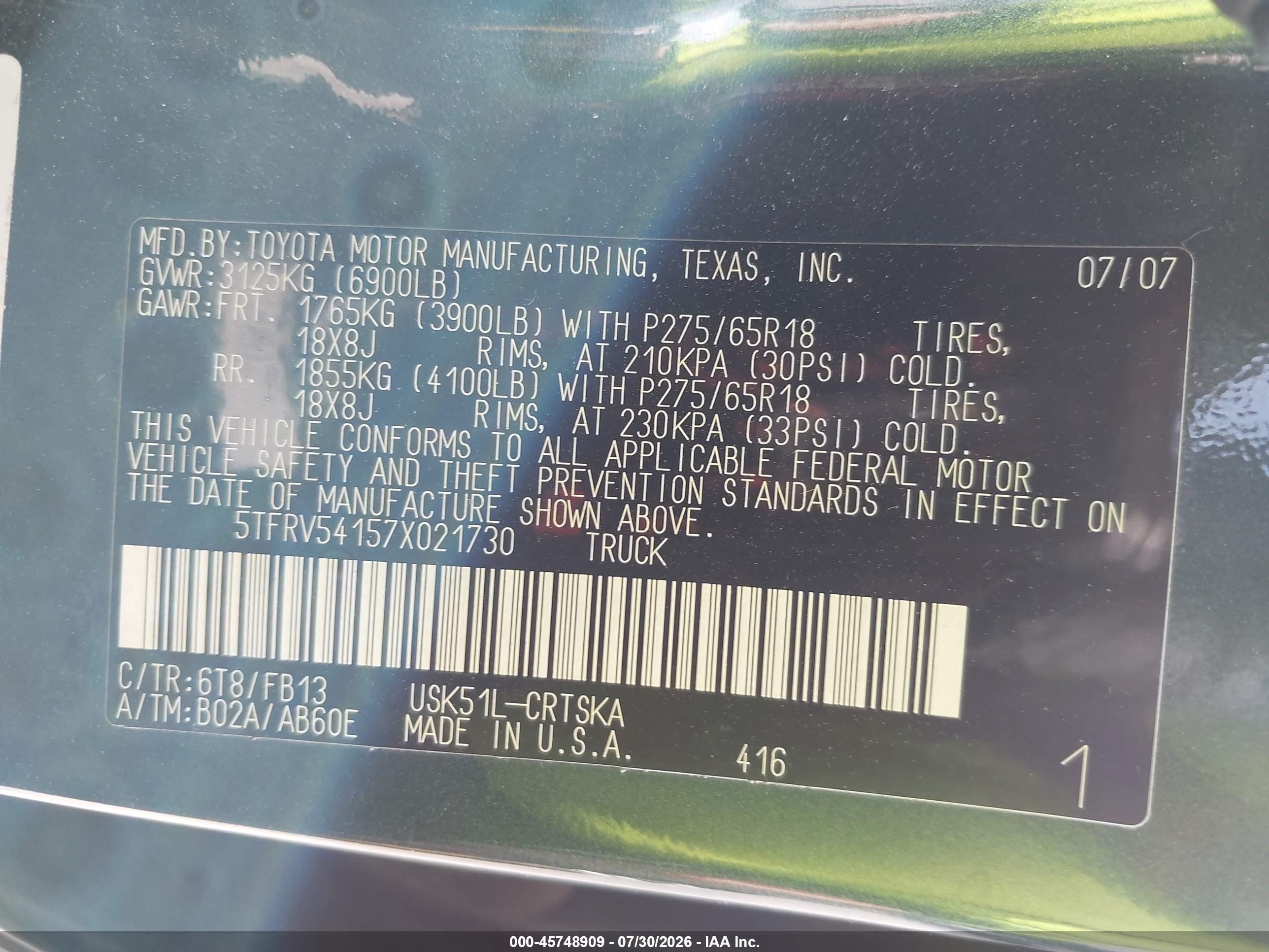 2007 Toyota Tundra Sr5 V8 Зеленый vin: 5TFRV54157X021730