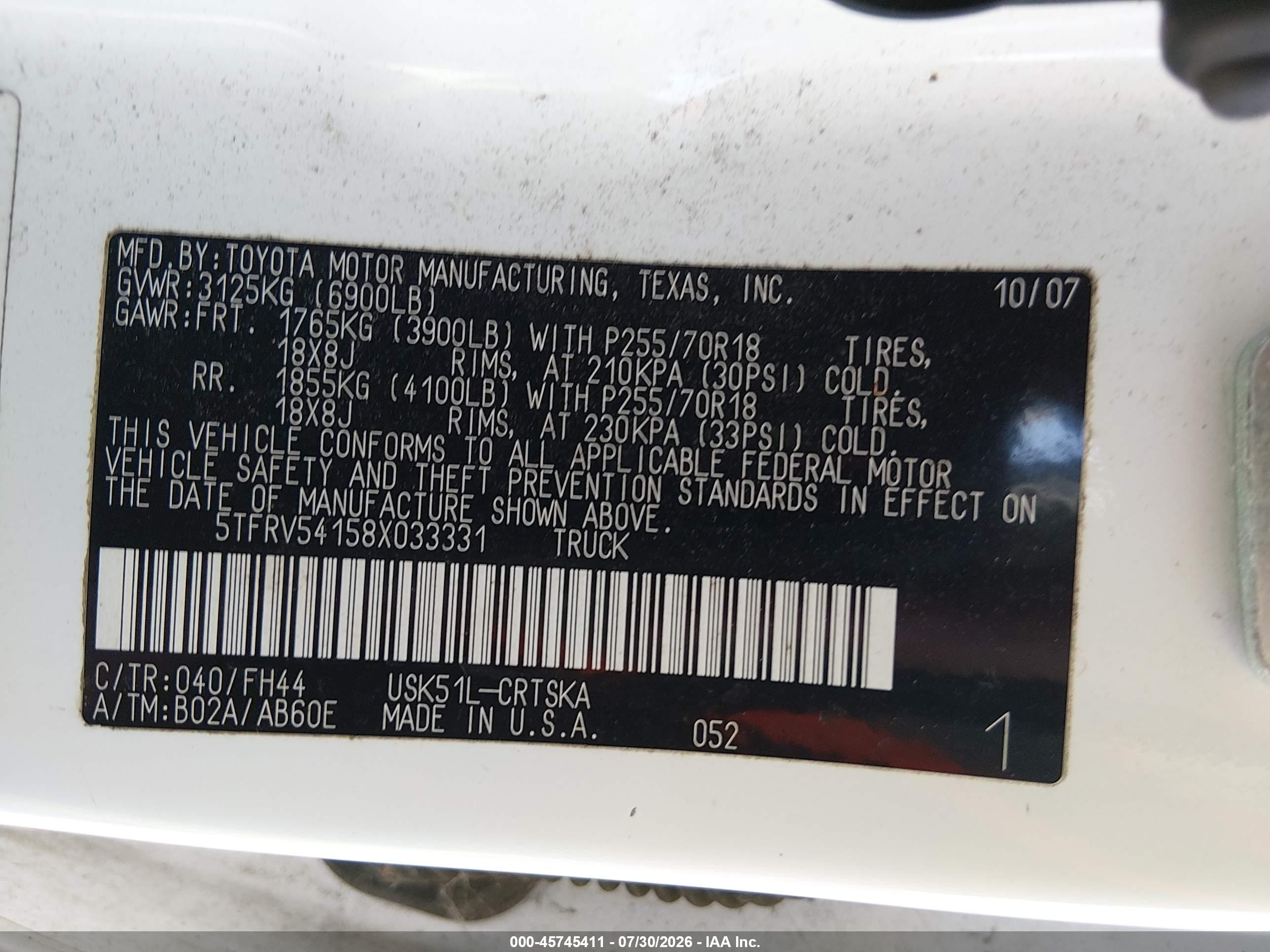 2008 Toyota Tundra Sr5 5.7l V8 Белый vin: 5TFRV54158X033331