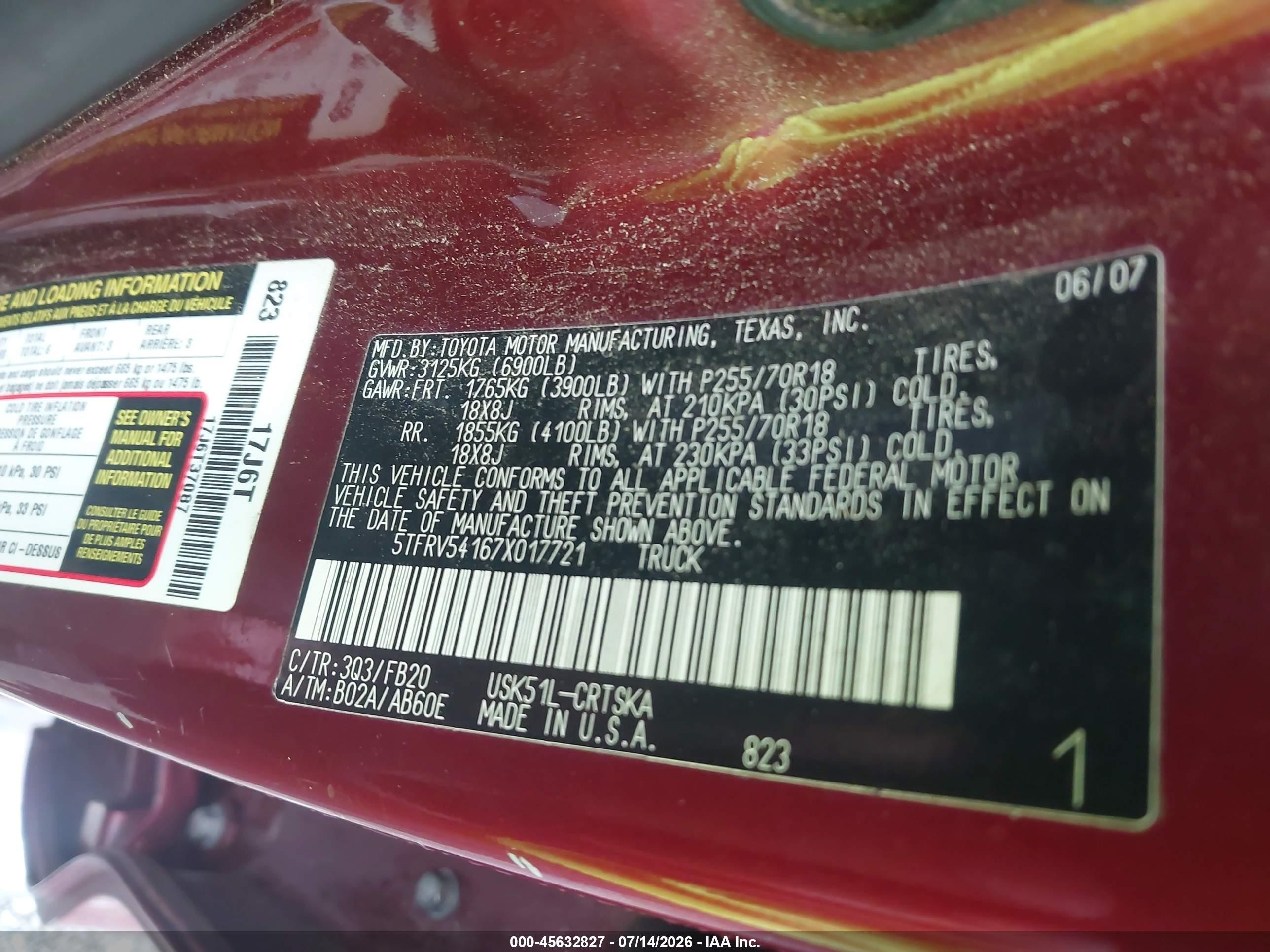 2007 Toyota Tundra Sr5 V8 Burgundy vin: 5TFRV54167X017721