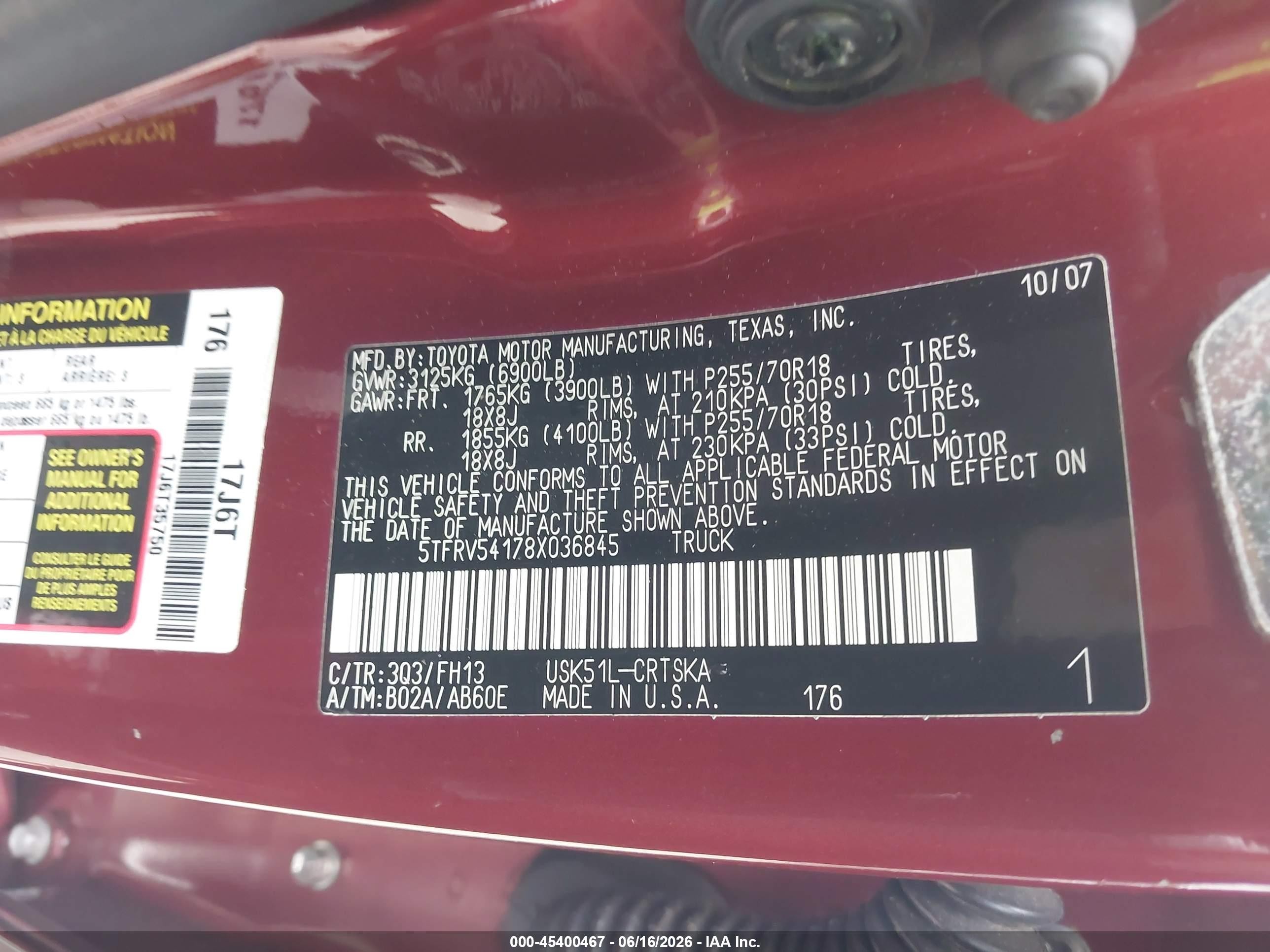 2008 Toyota Tundra Base 5.7l V8 Красный vin: 5TFRV54178X036845