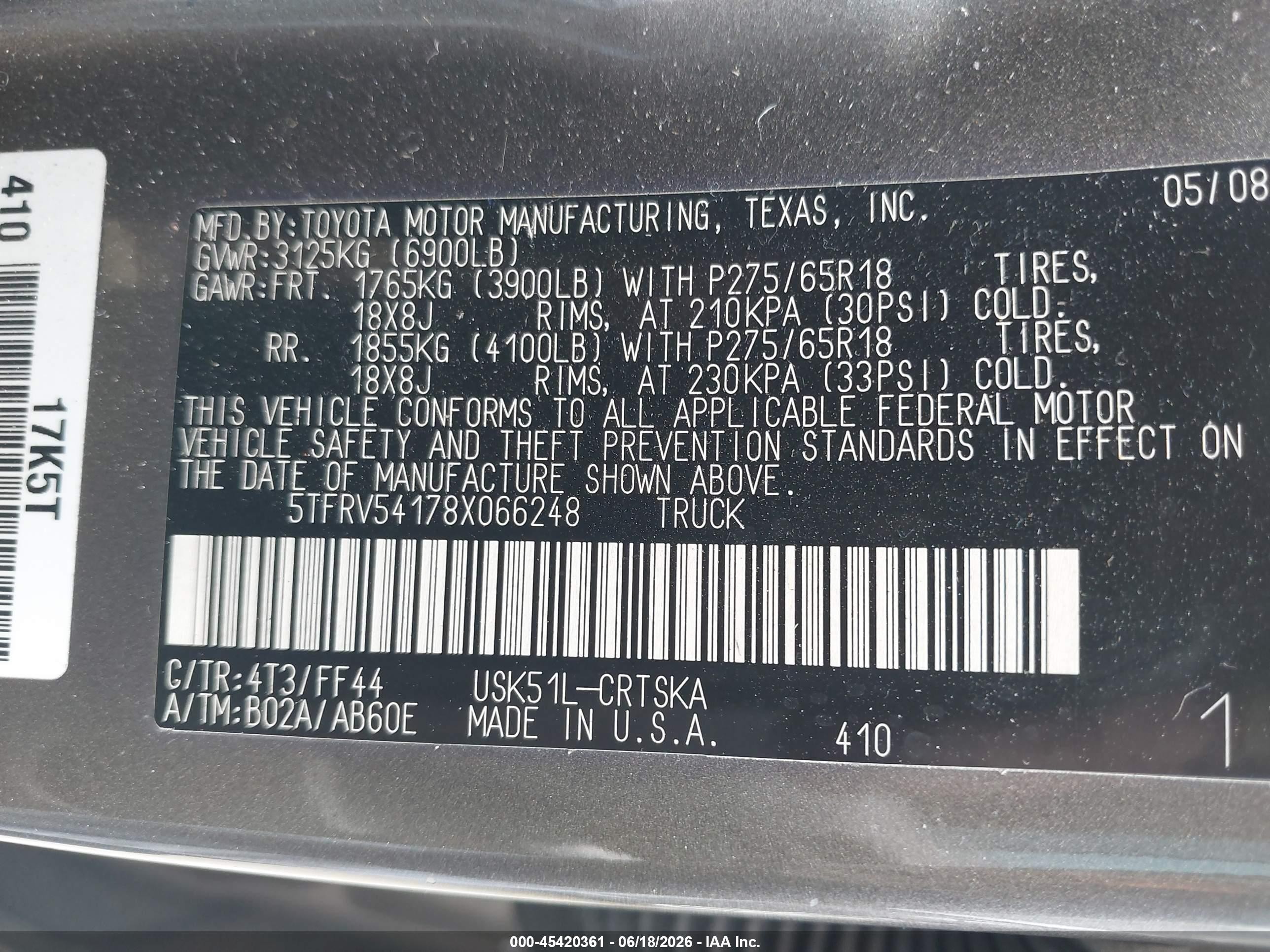 2008 Toyota Tundra Sr5 5.7l V8 Серый vin: 5TFRV54178X066248