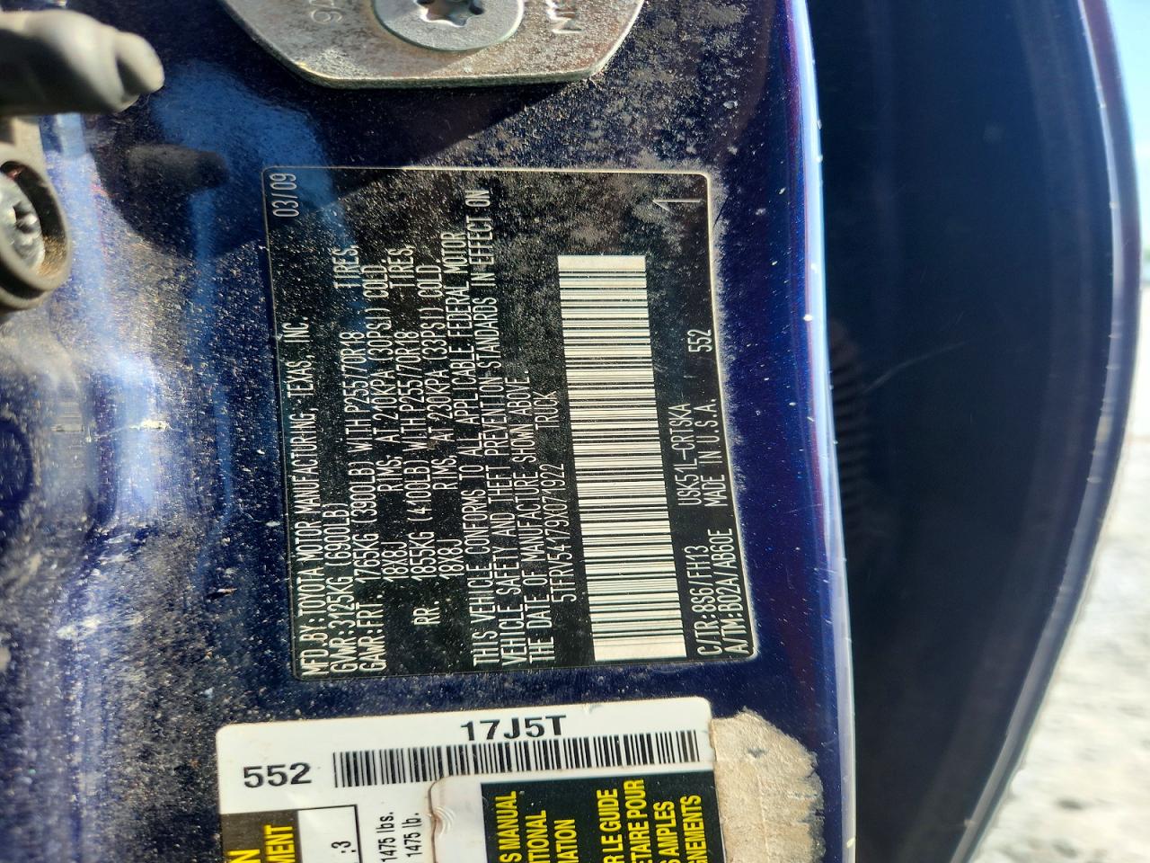 2009 Toyota Tundra Sr5 Blue vin: 5TFRV54179X071922
