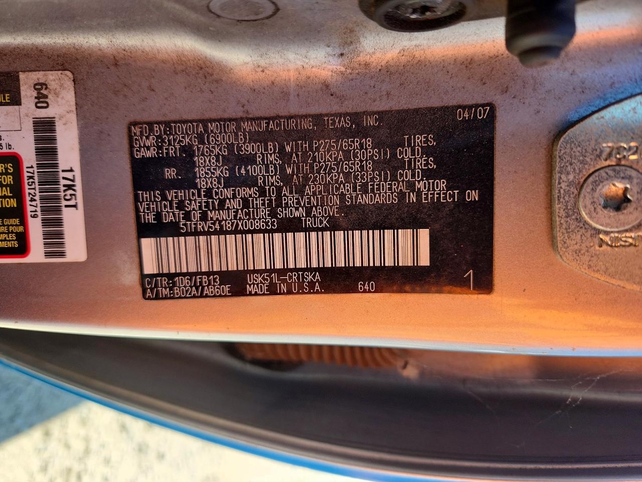 2007 Toyota Tundra Sr5 Blue vin: 5TFRV54187X008633