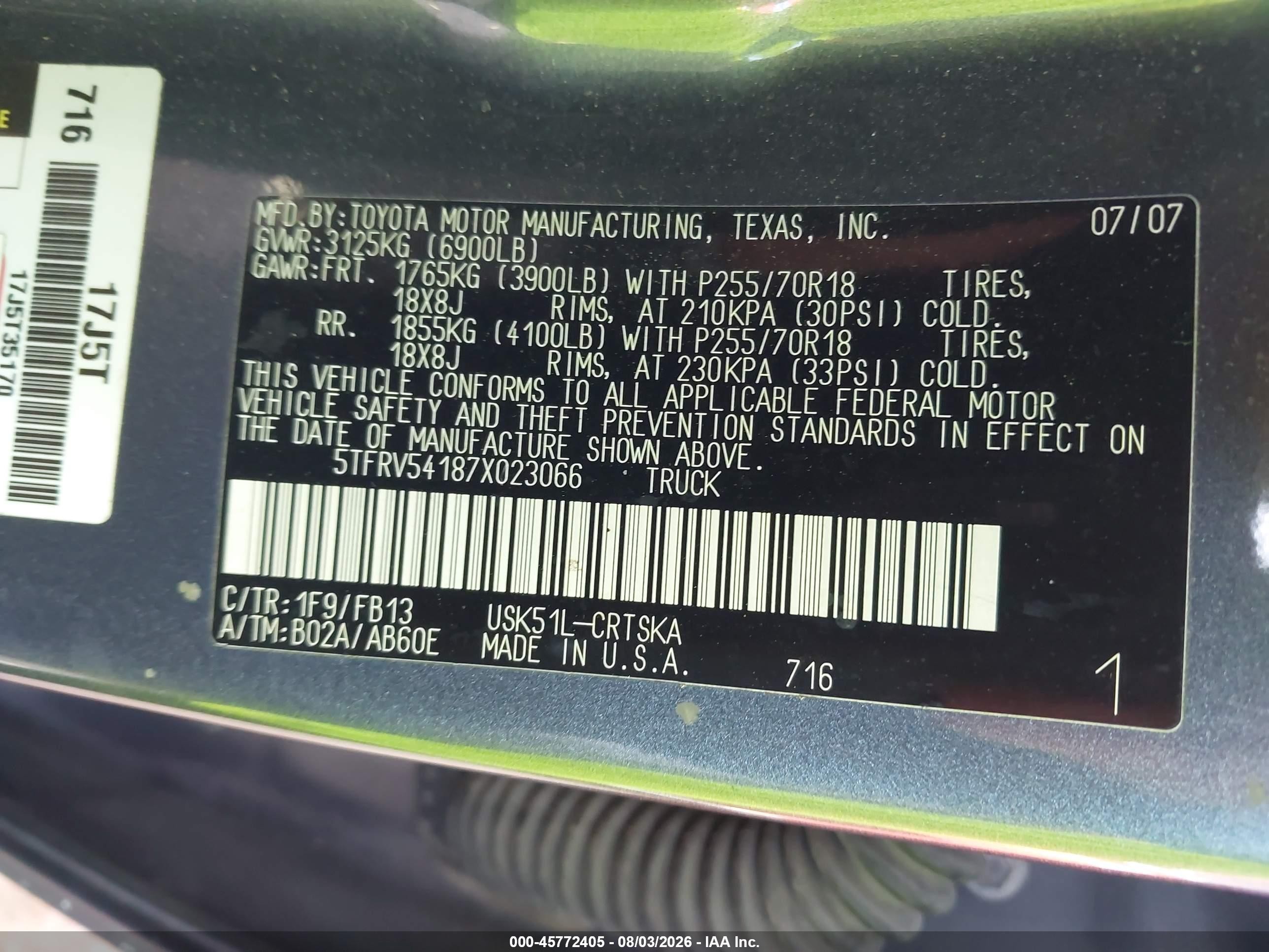 2007 Toyota Tundra Sr5 V8 Gray vin: 5TFRV54187X023066