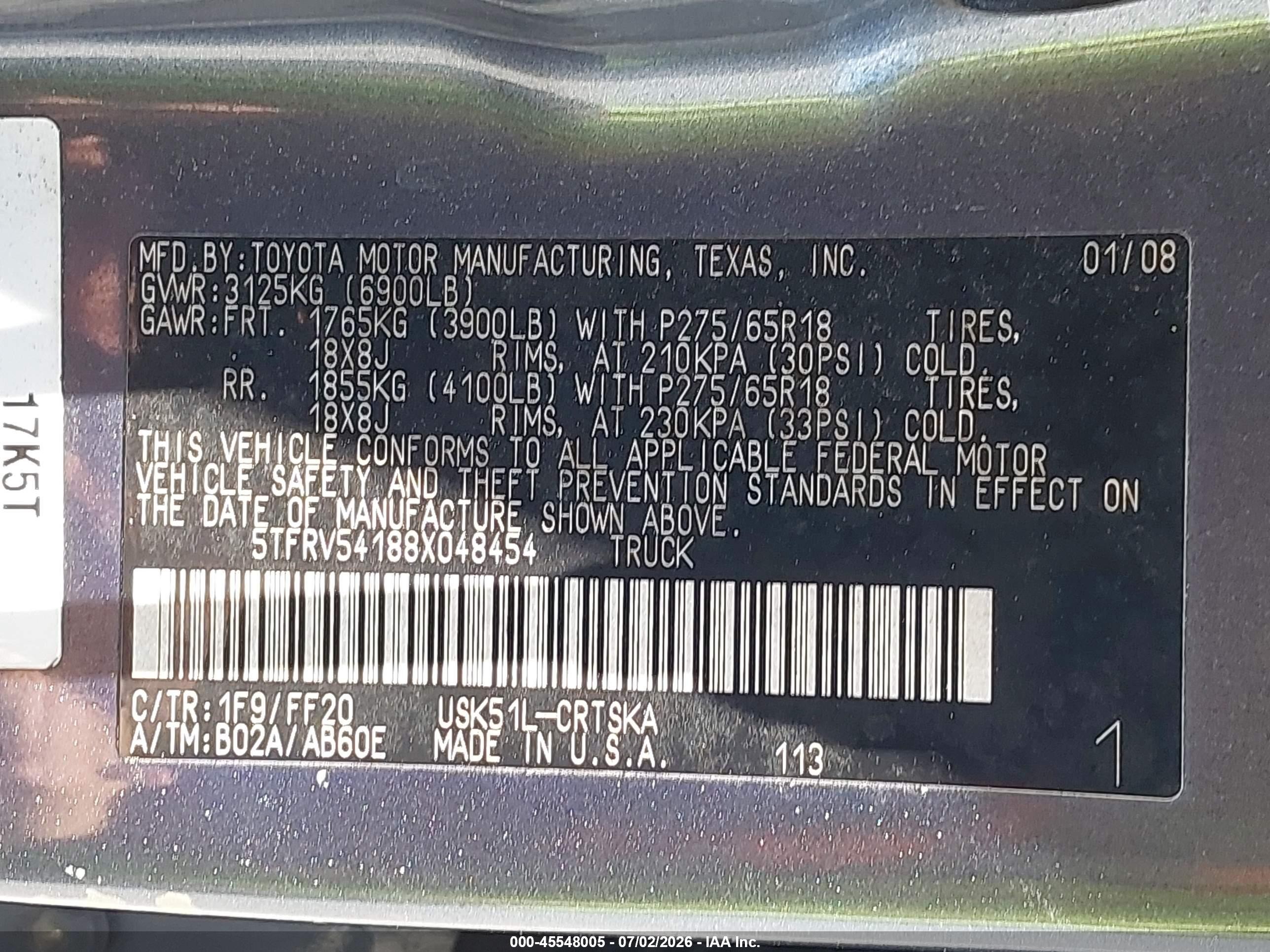 2008 Toyota Tundra Sr5 5.7l V8 Blue vin: 5TFRV54188X048454