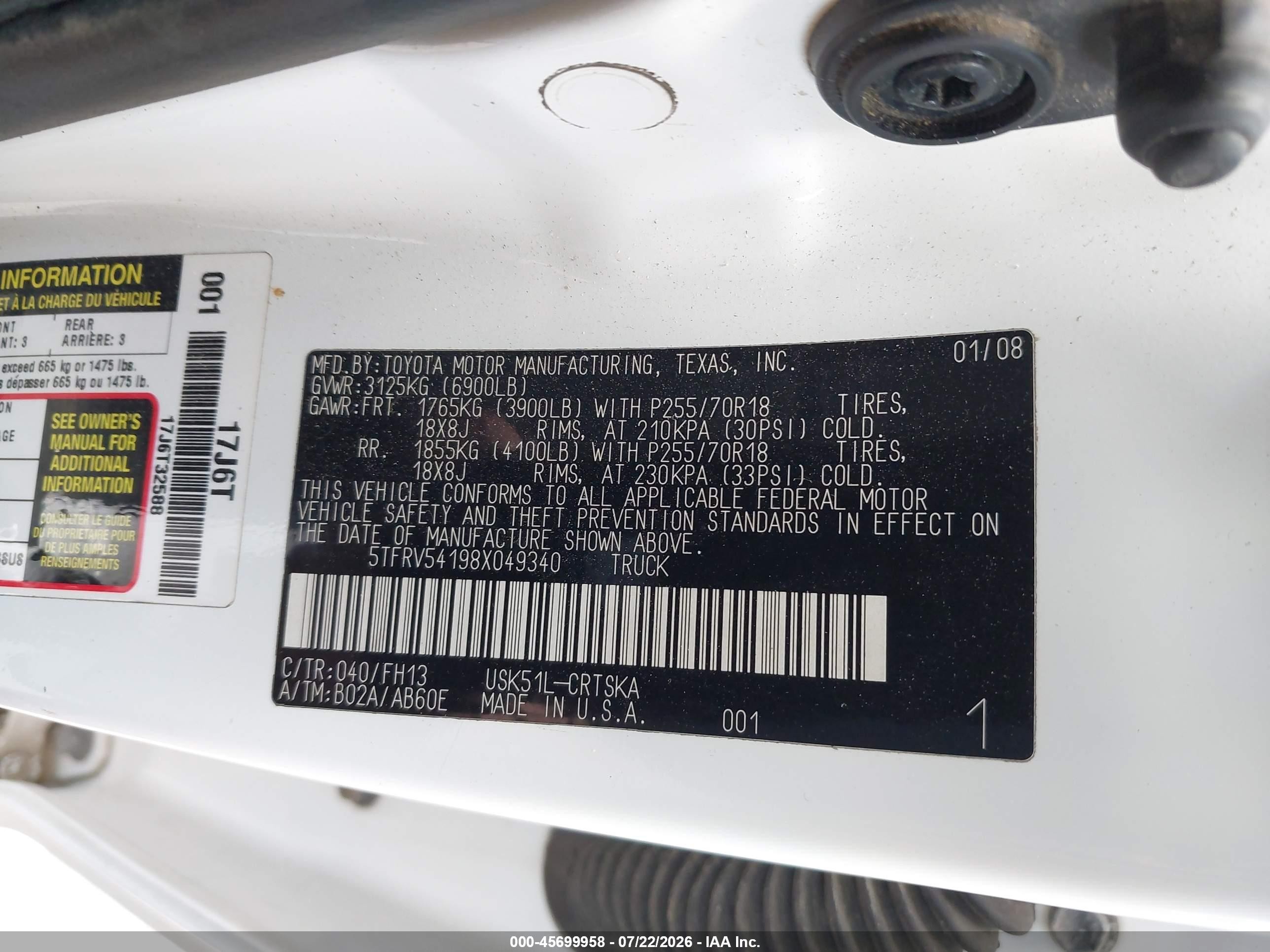 2008 Toyota Tundra Base 5.7l V8 White vin: 5TFRV54198X049340