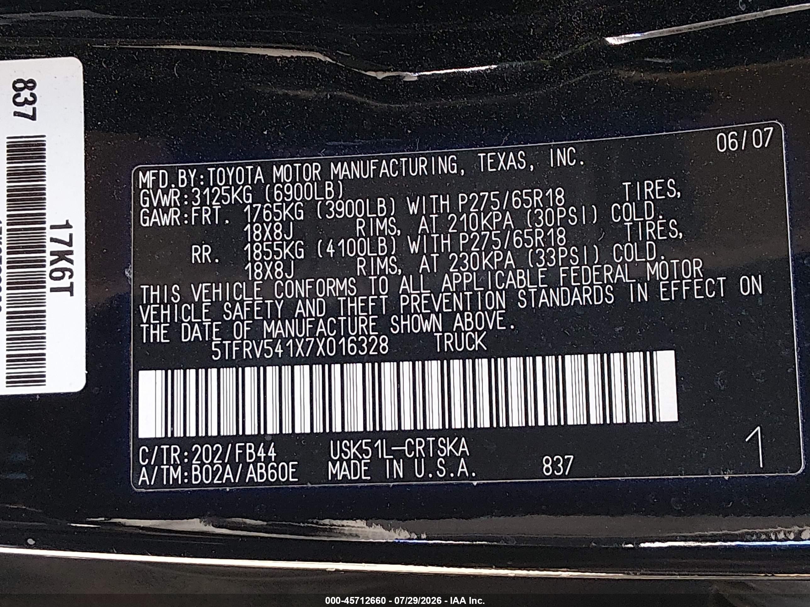 2007 Toyota Tundra Sr5 V8 Black vin: 5TFRV541X7X016328