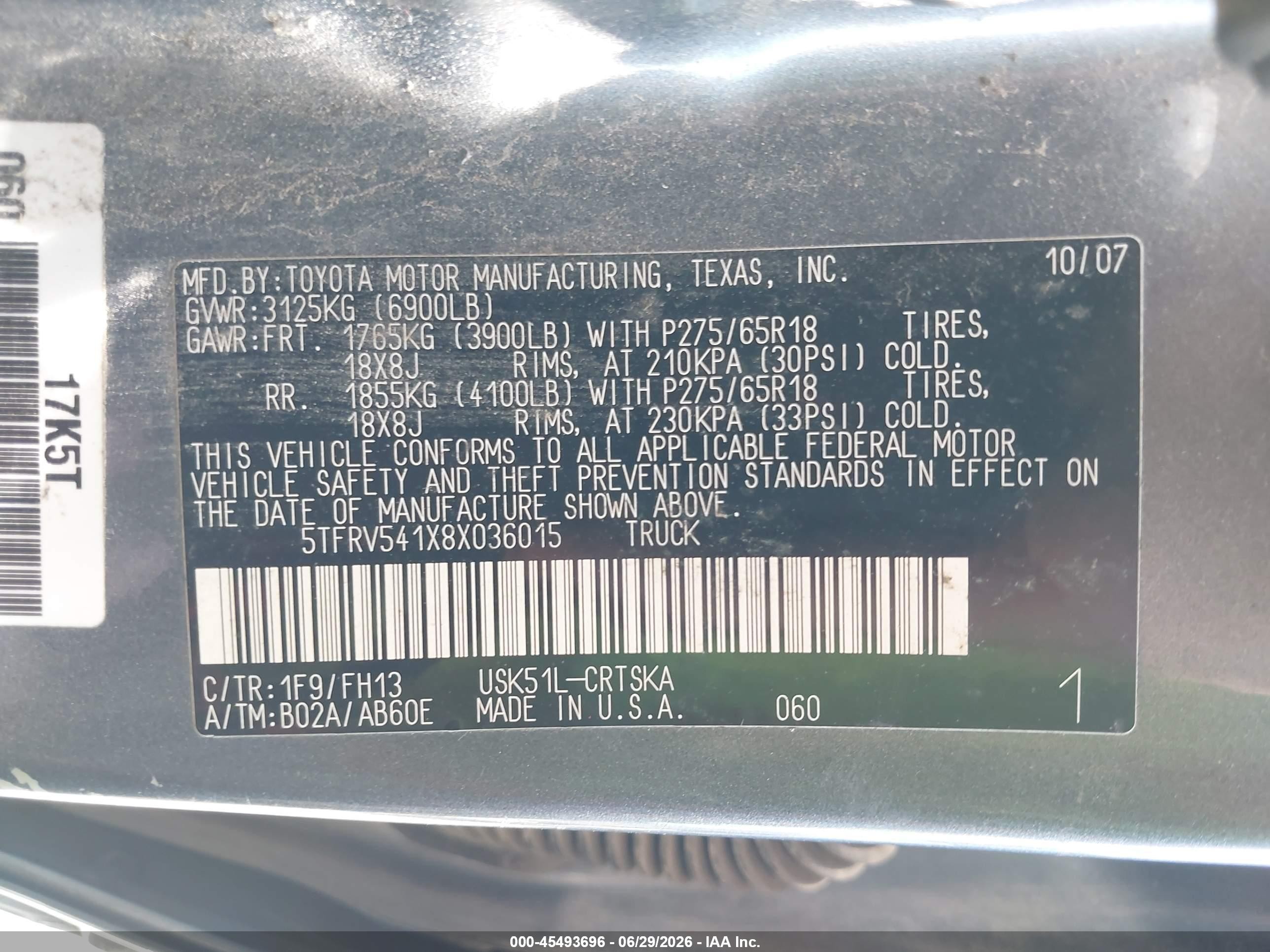 2008 Toyota Tundra Sr5 5.7l V8 Blue vin: 5TFRV541X8X036015