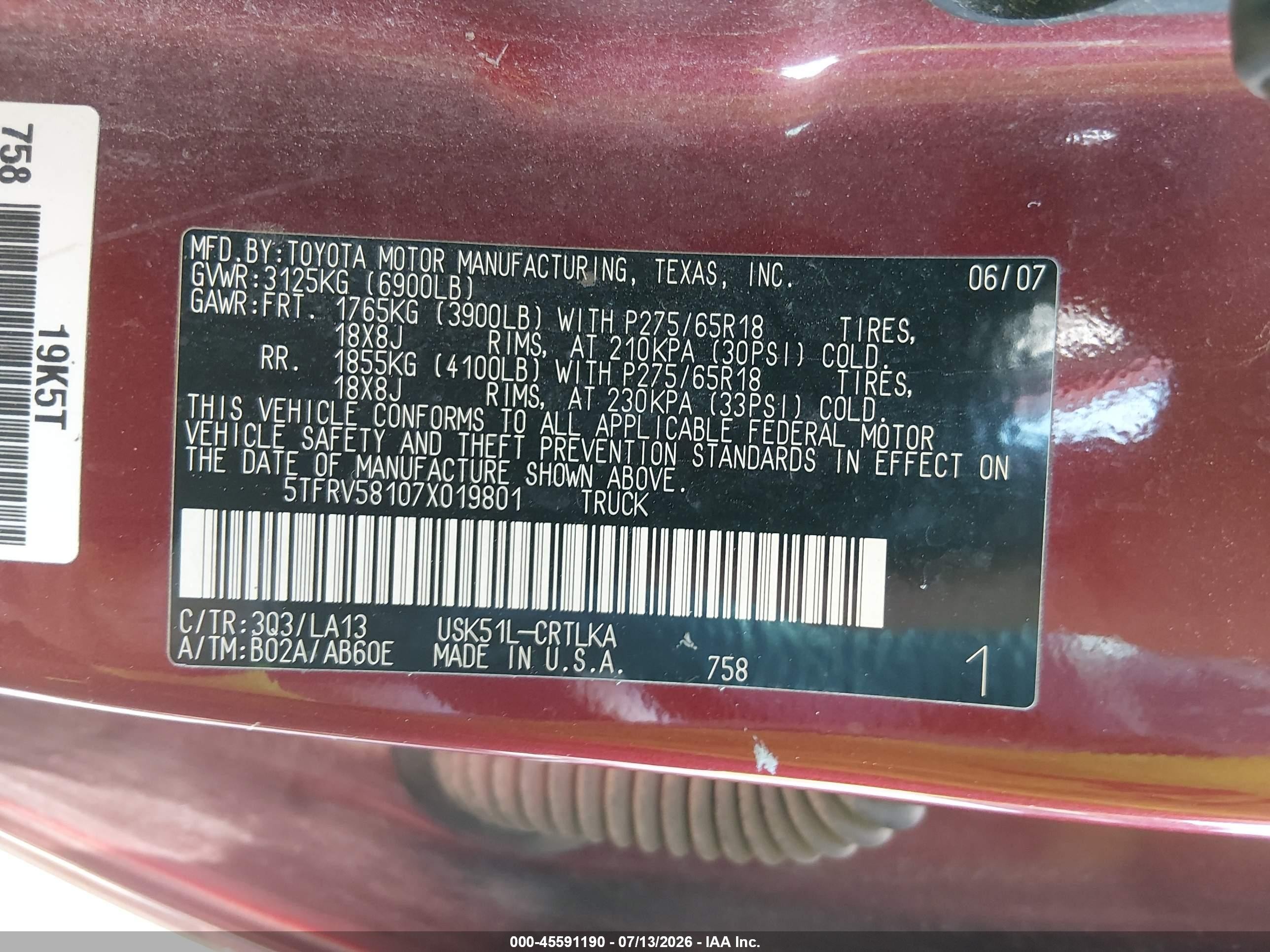 2007 Toyota Tundra Limited 5.7l V8 Red vin: 5TFRV58107X019801