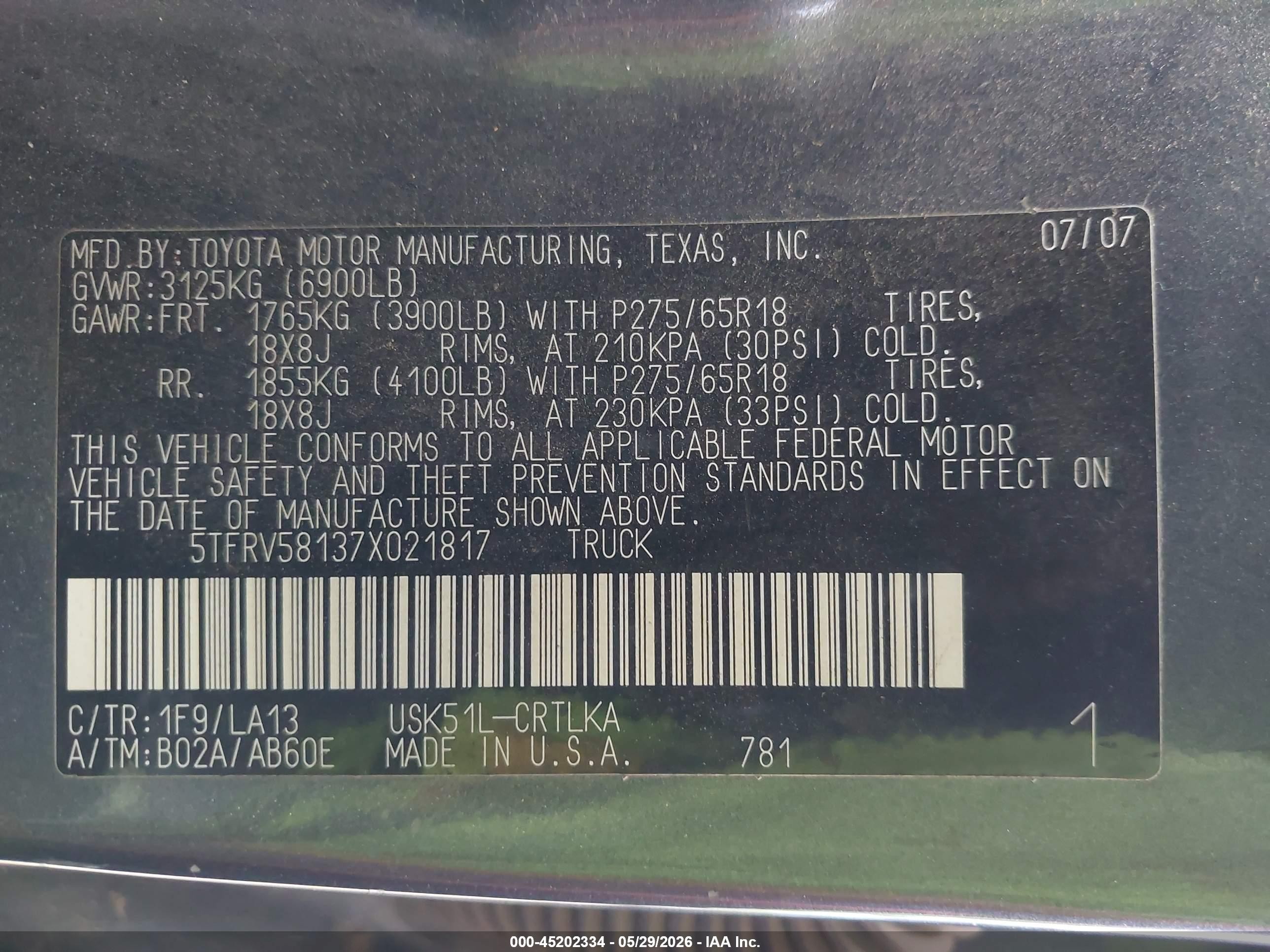 2007 Toyota Tundra Limited 5.7l V8 Gray vin: 5TFRV58137X021817