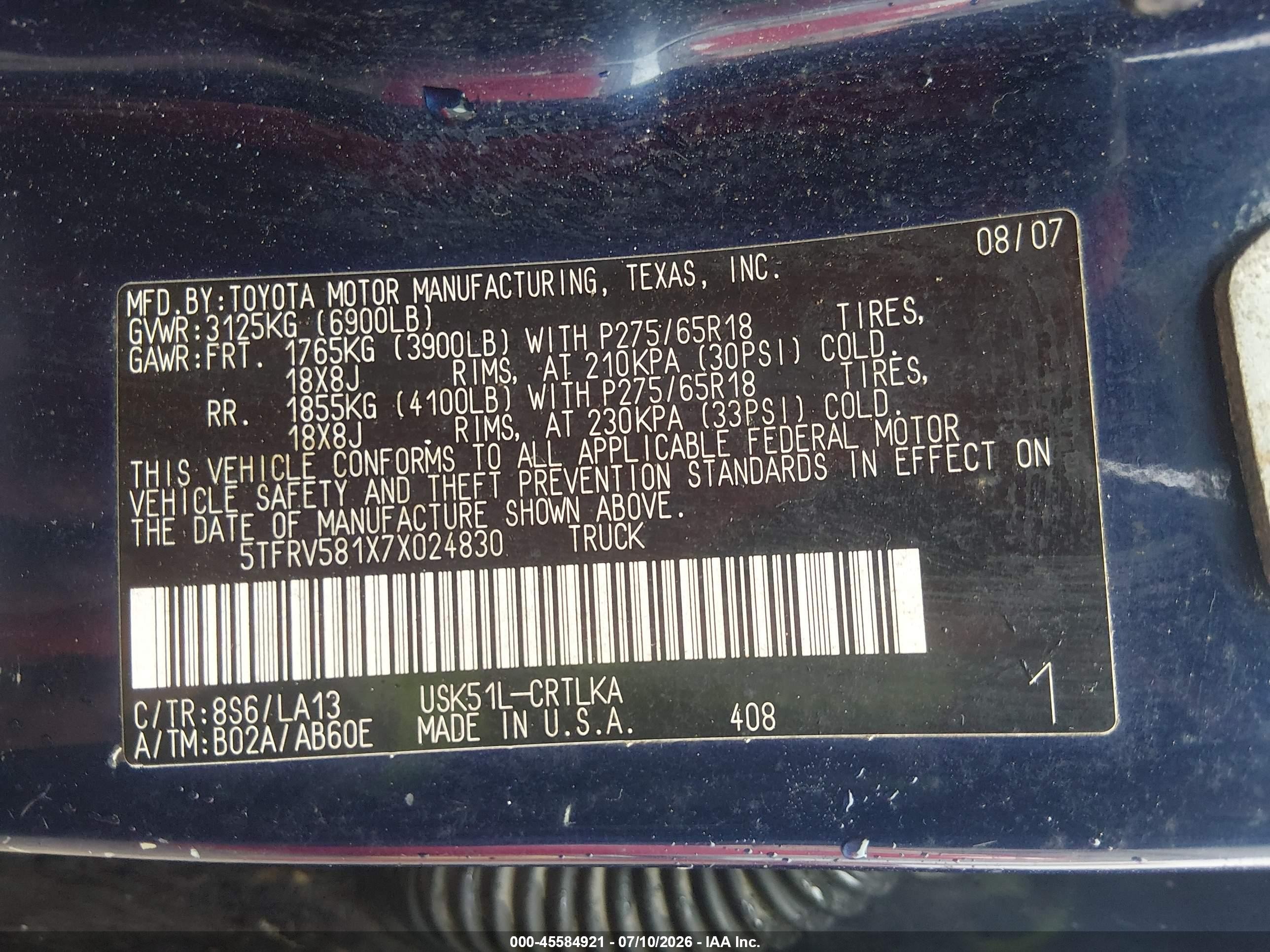 2007 Toyota Tundra Limited 5.7l V8 Blue vin: 5TFRV581X7X024830