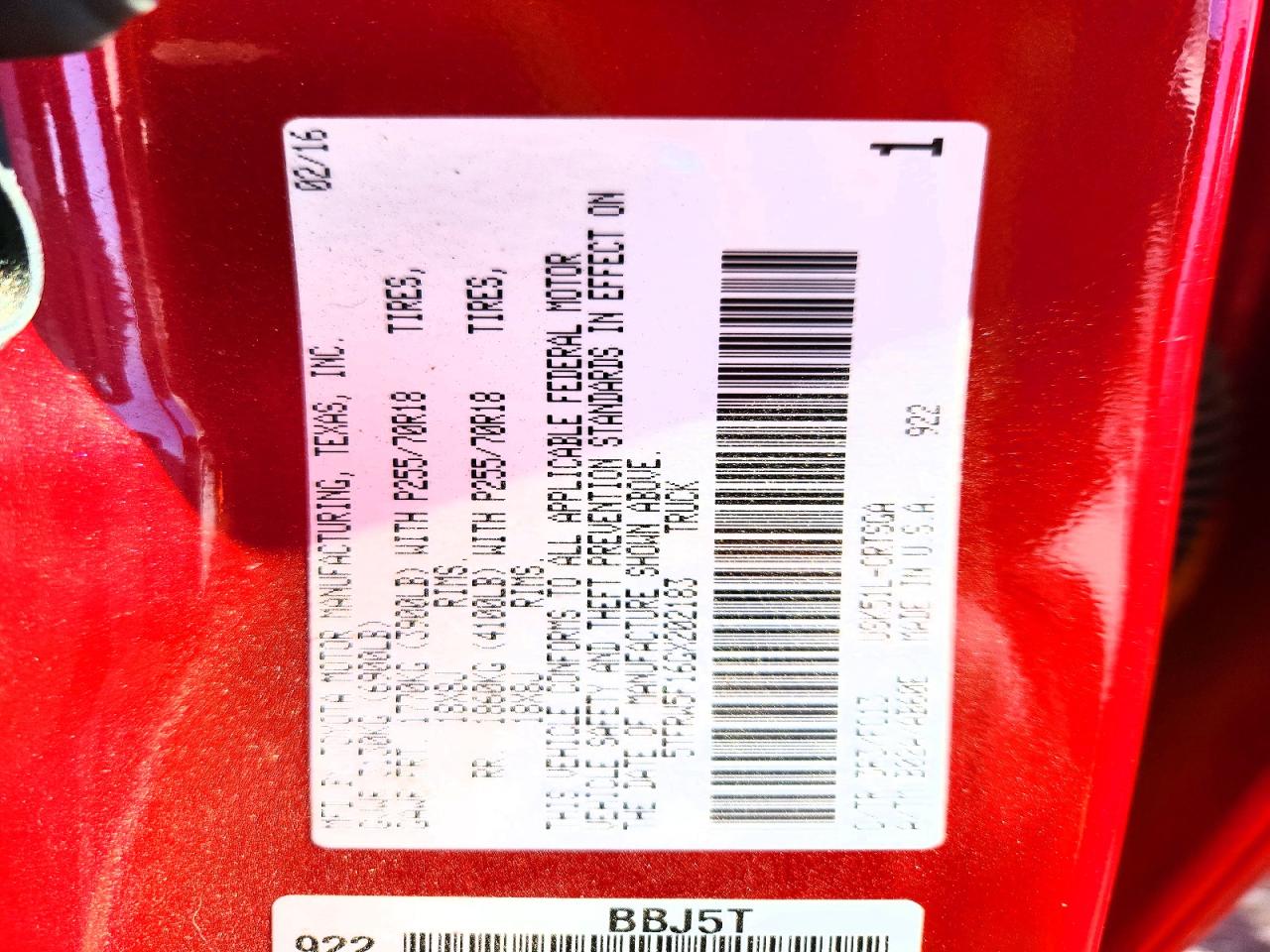 2016 Toyota Tundra Sr5 Red vin: 5TFRW5F16GX202183