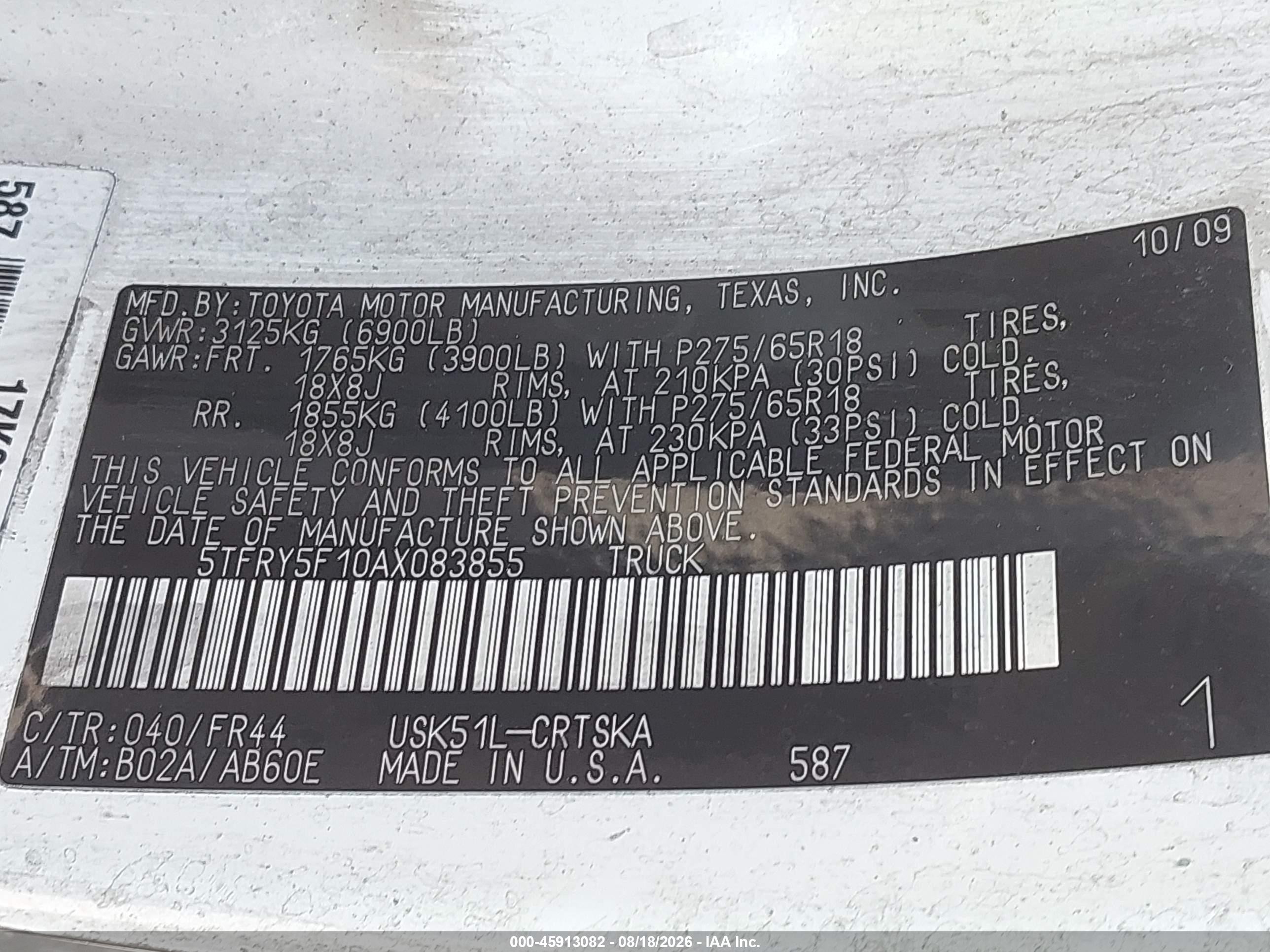 2010 Toyota Tundra Grade 5.7l V8 White vin: 5TFRY5F10AX083855