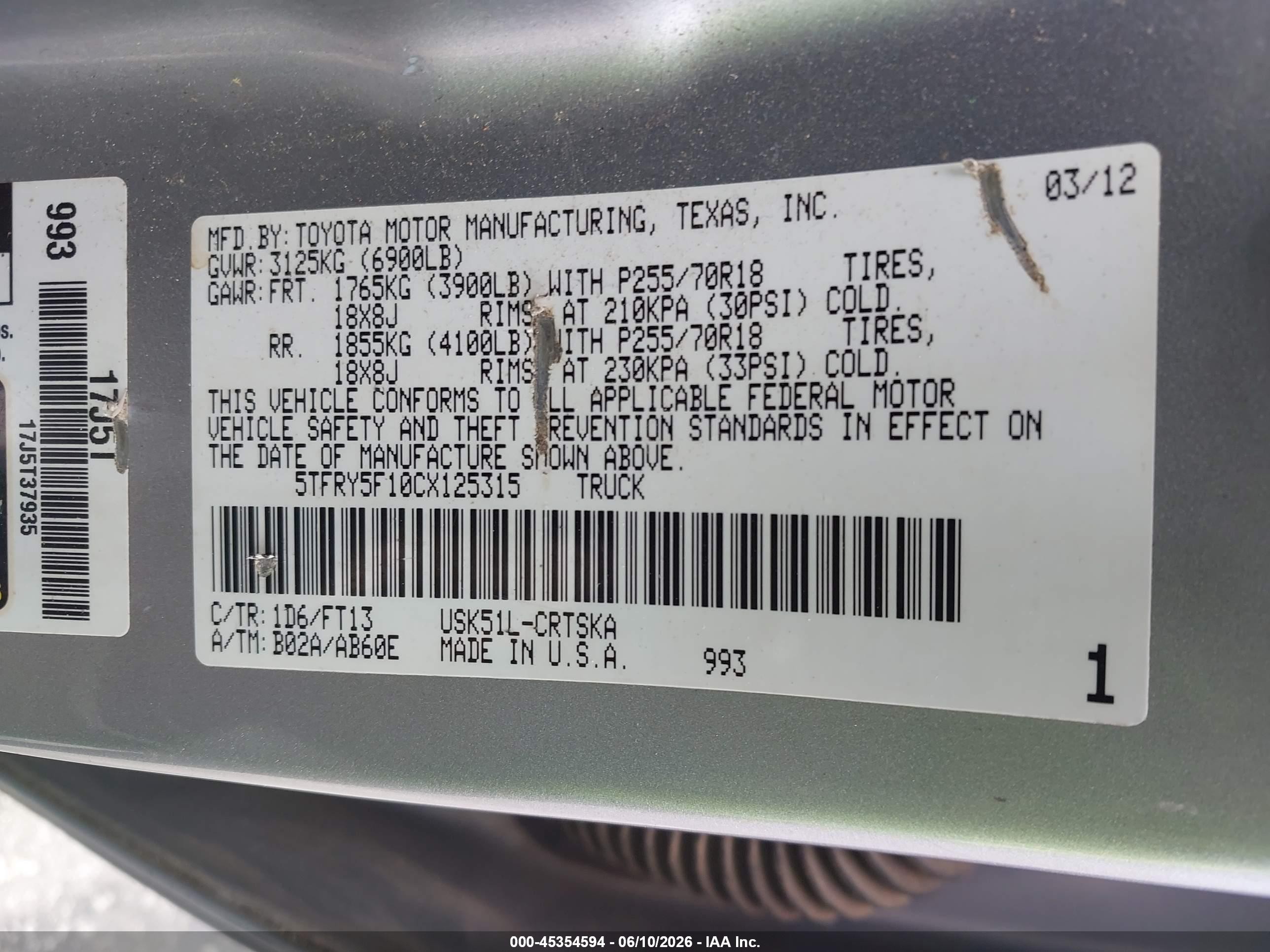 2012 Toyota Tundra Grade 5.7l V8 Silver vin: 5TFRY5F10CX125315