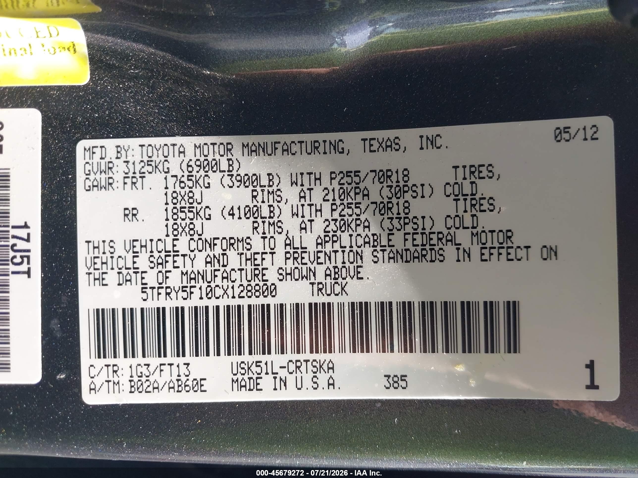 2012 Toyota Tundra Grade 5.7l V8 Gray vin: 5TFRY5F10CX128800