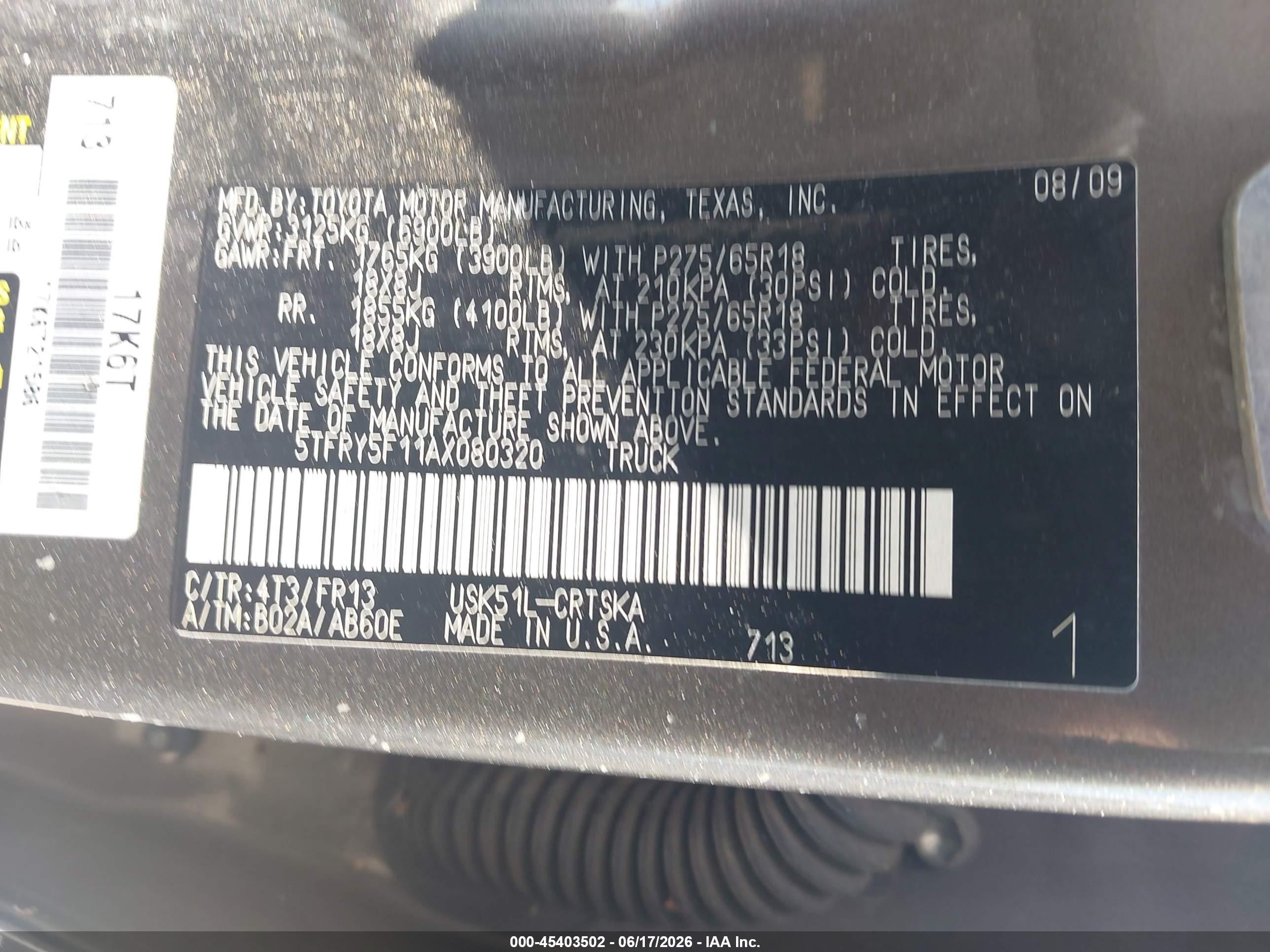 2010 Toyota Tundra Grade 5.7l V8 Серый vin: 5TFRY5F11AX080320