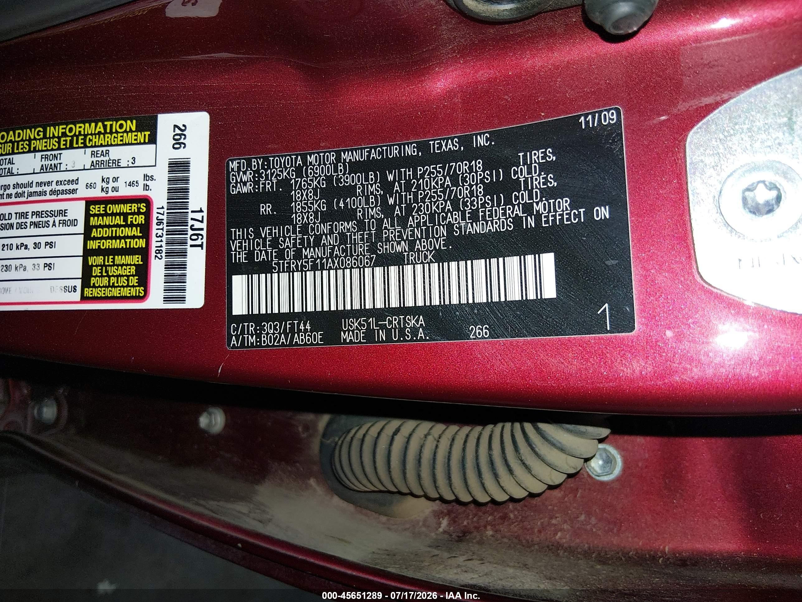 2010 Toyota Tundra Grade 5.7l V8 Burgundy vin: 5TFRY5F11AX086067