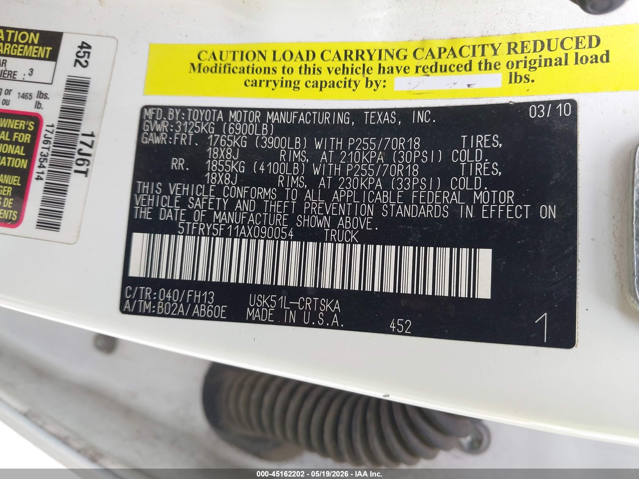 2010 Toyota Tundra Grade 5.7l V8 White vin: 5TFRY5F11AX090054