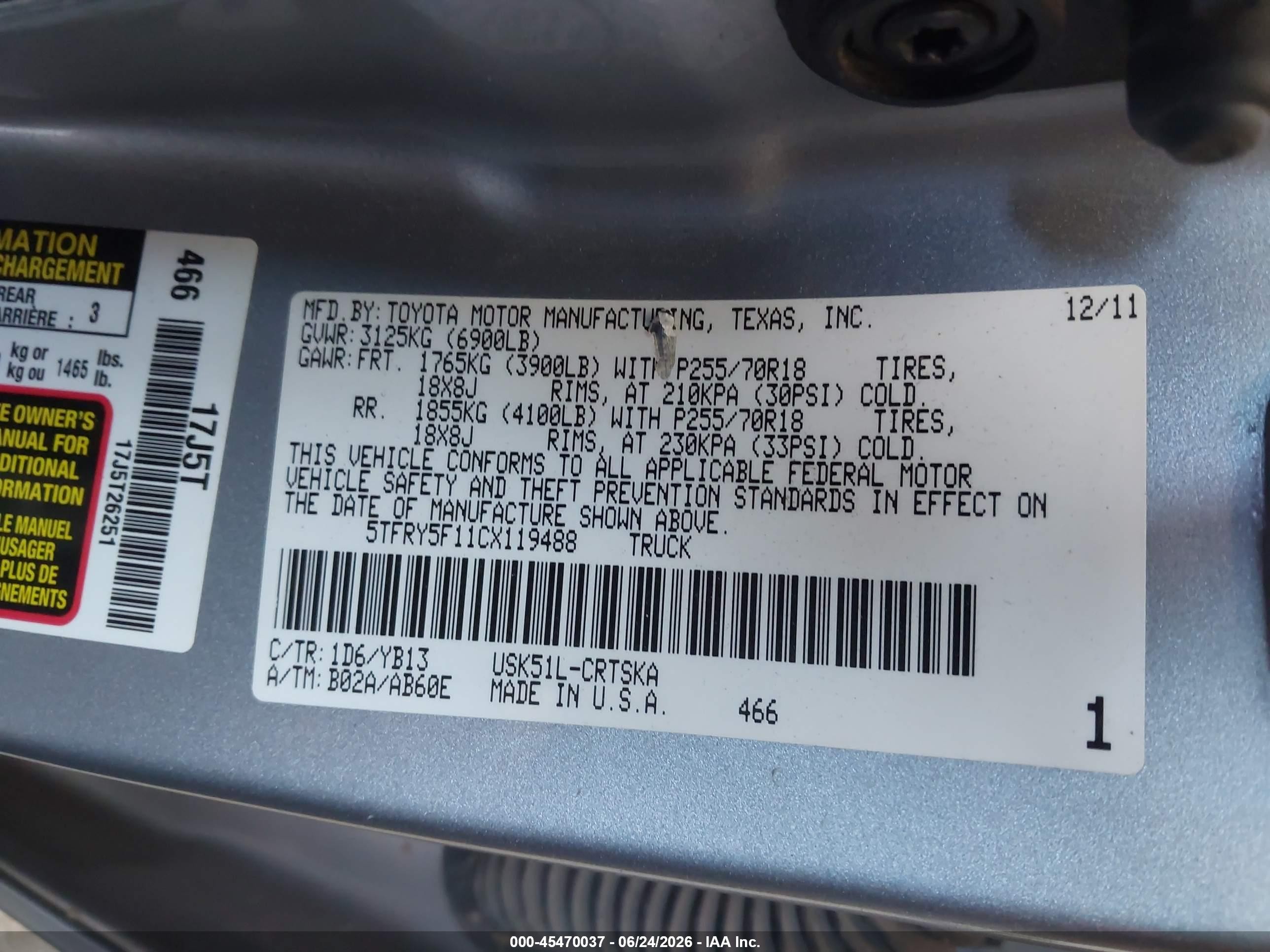 2012 Toyota Tundra Grade 5.7l V8 Silver vin: 5TFRY5F11CX119488