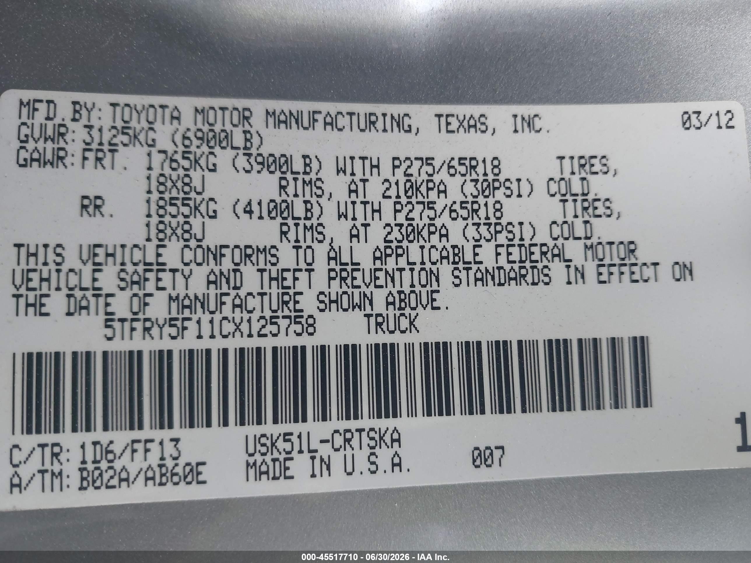 2012 Toyota Tundra Grade 5.7l V8 Silver vin: 5TFRY5F11CX125758