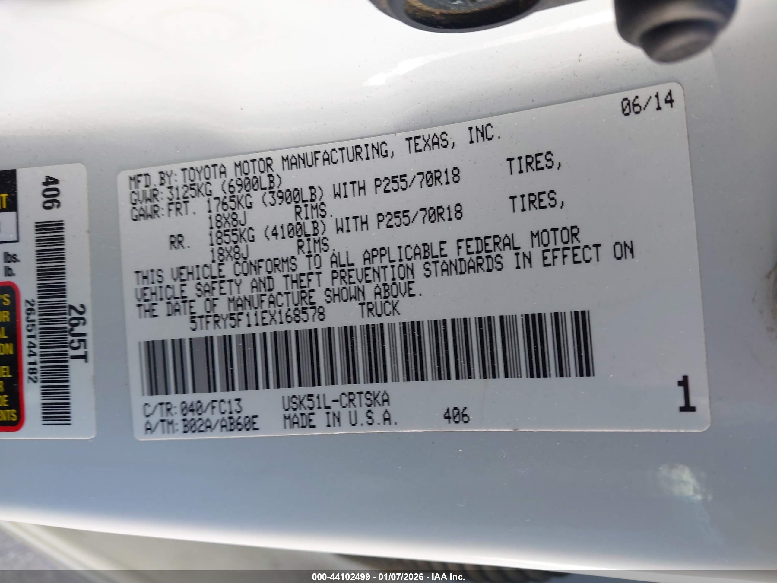 2014 Toyota Tundra Sr5 5.7l V8 White vin: 5TFRY5F11EX168578