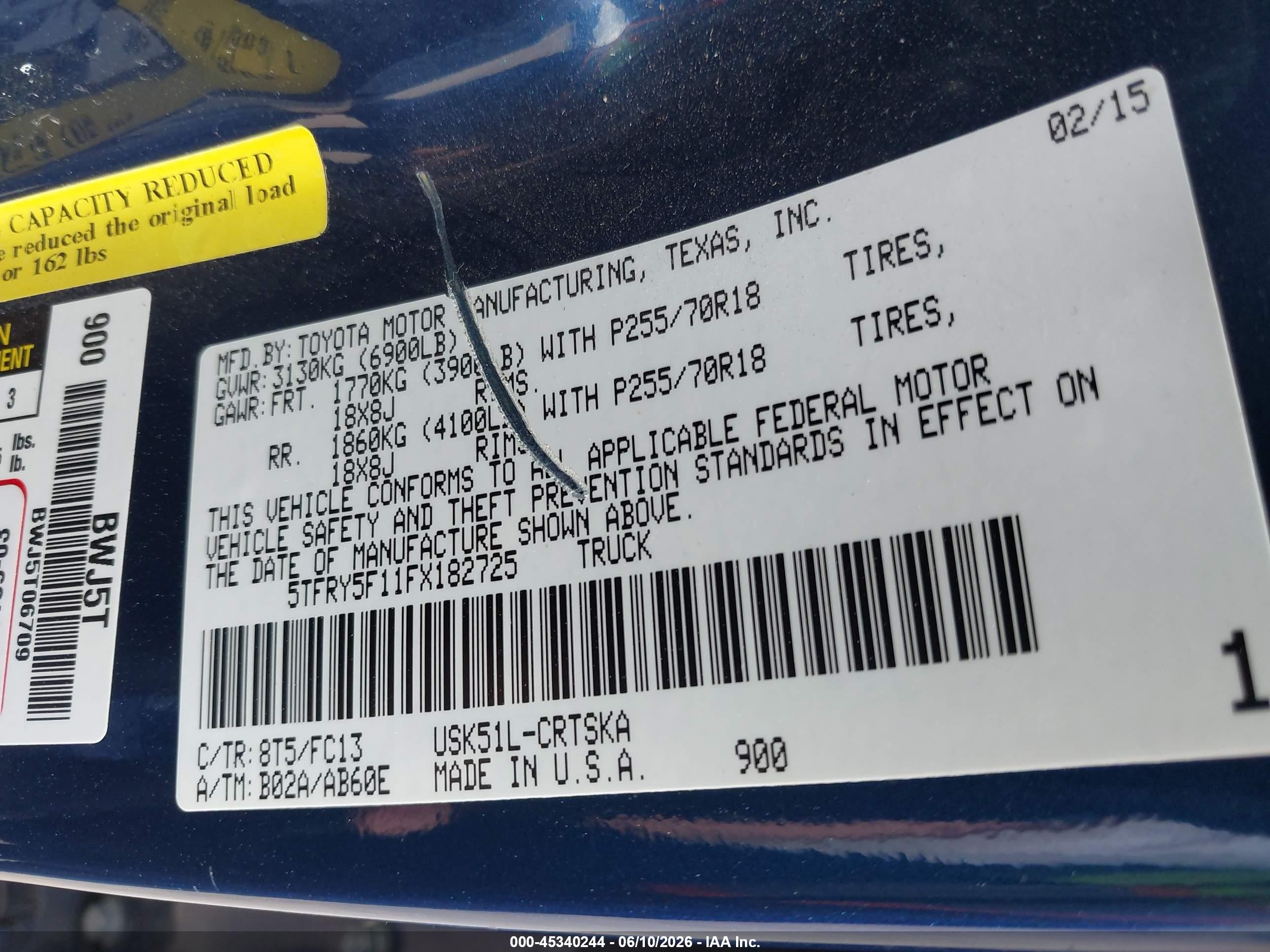 2015 Toyota Tundra Sr5 5.7l V8 Blue vin: 5TFRY5F11FX182725