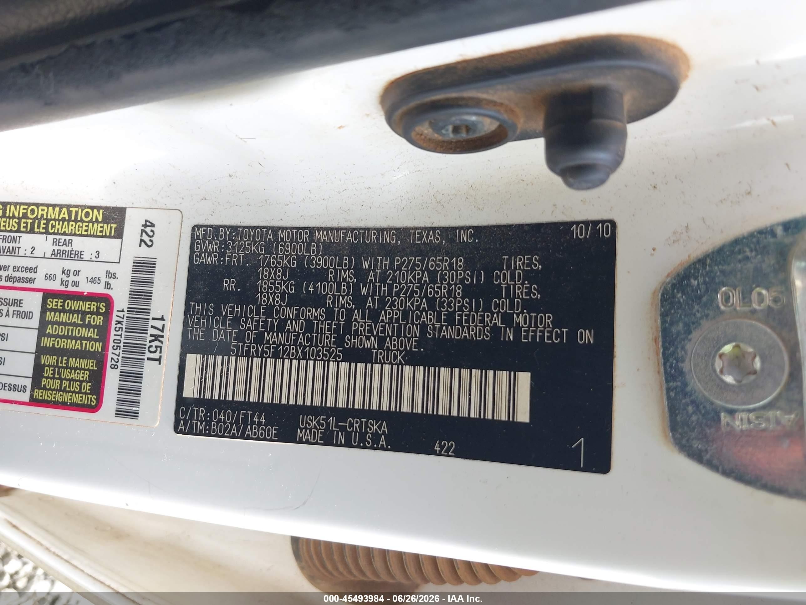2011 Toyota Tundra Grade 5.7l V8 Белый vin: 5TFRY5F12BX103525