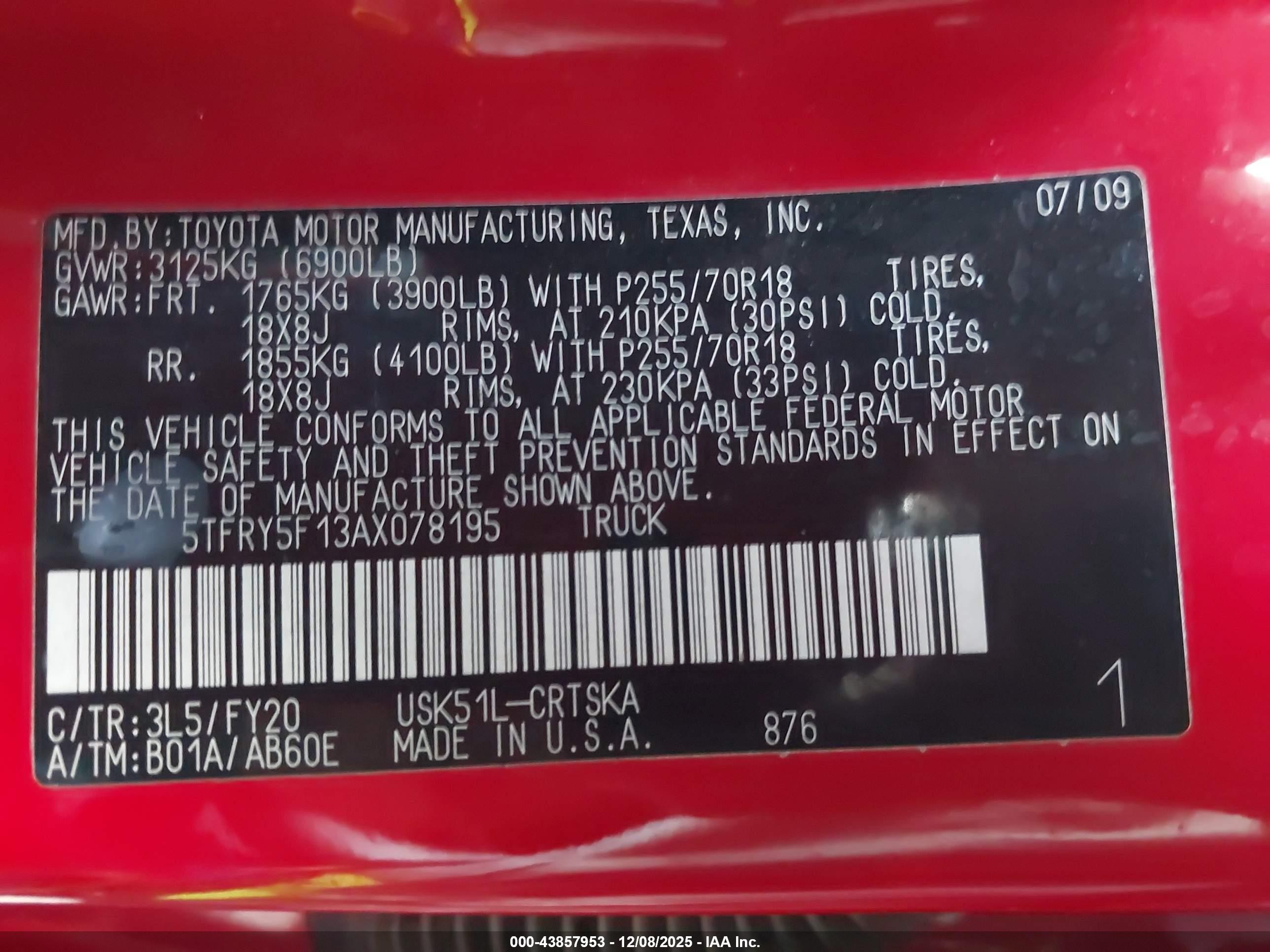 2010 Toyota Tundra Grade 5.7l V8 Red vin: 5TFRY5F13AX078195
