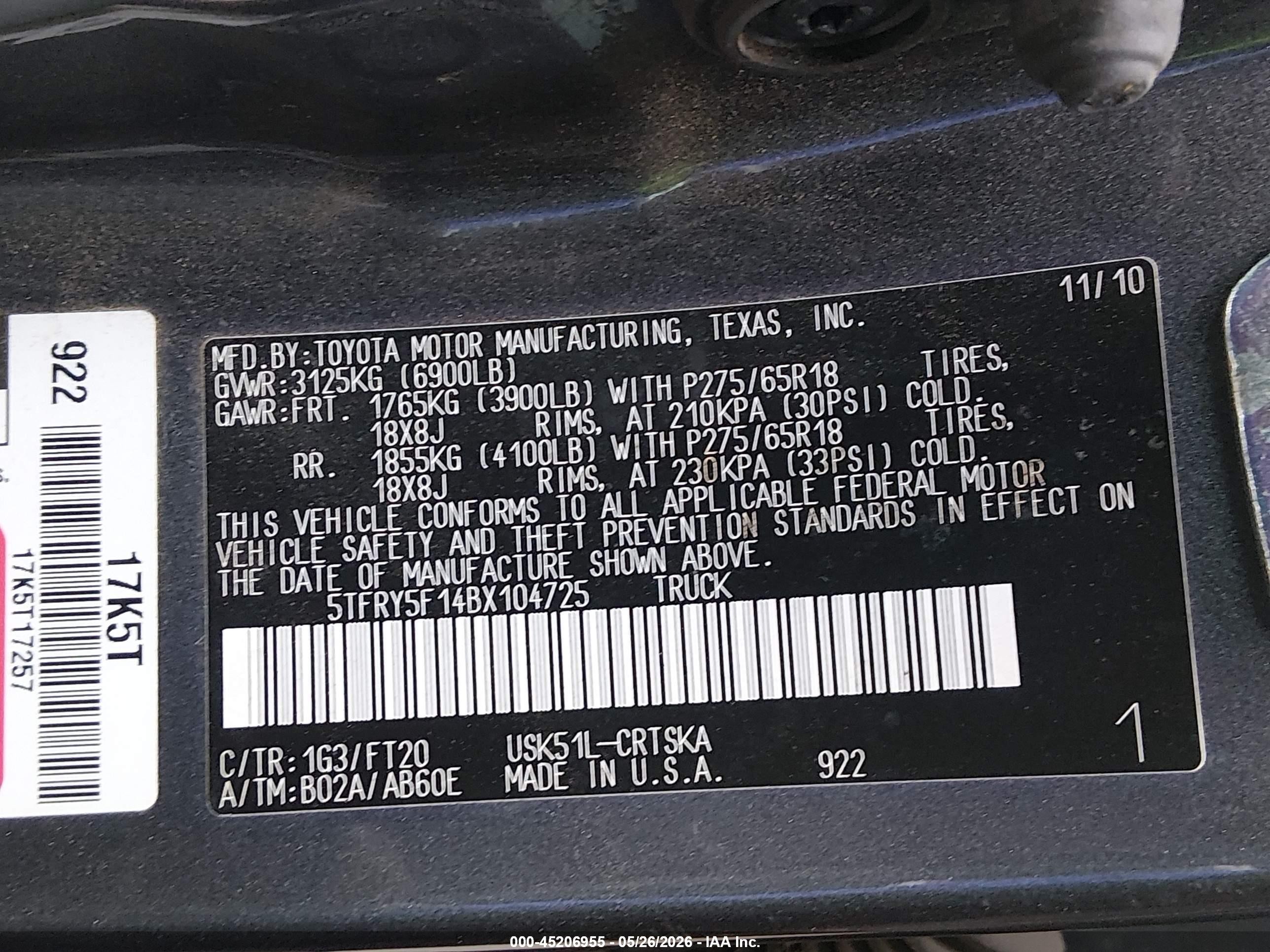 2011 Toyota Tundra Grade 5.7l V8 Gray vin: 5TFRY5F14BX104725
