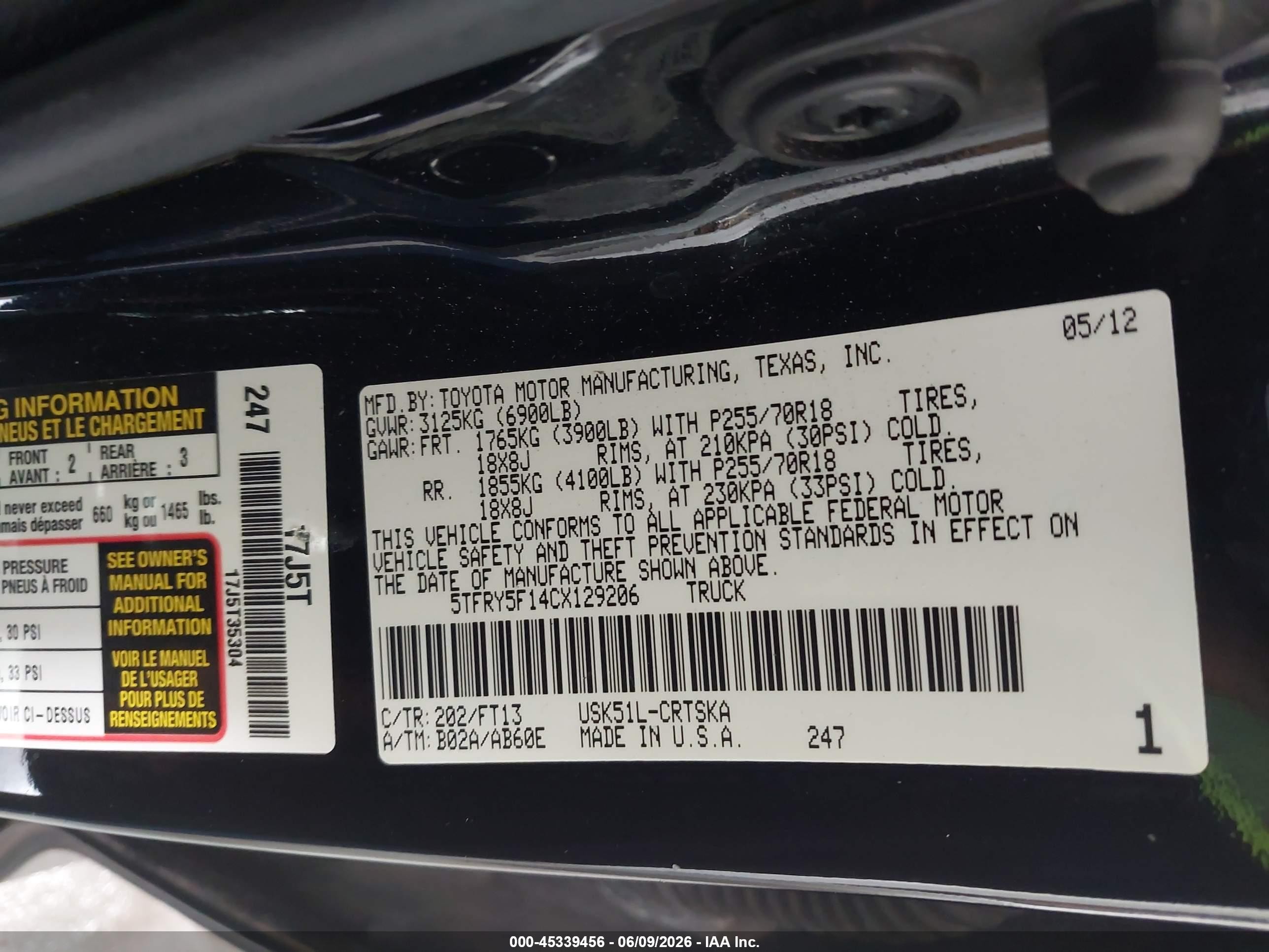 2012 Toyota Tundra Grade 5.7l V8 Black vin: 5TFRY5F14CX129206