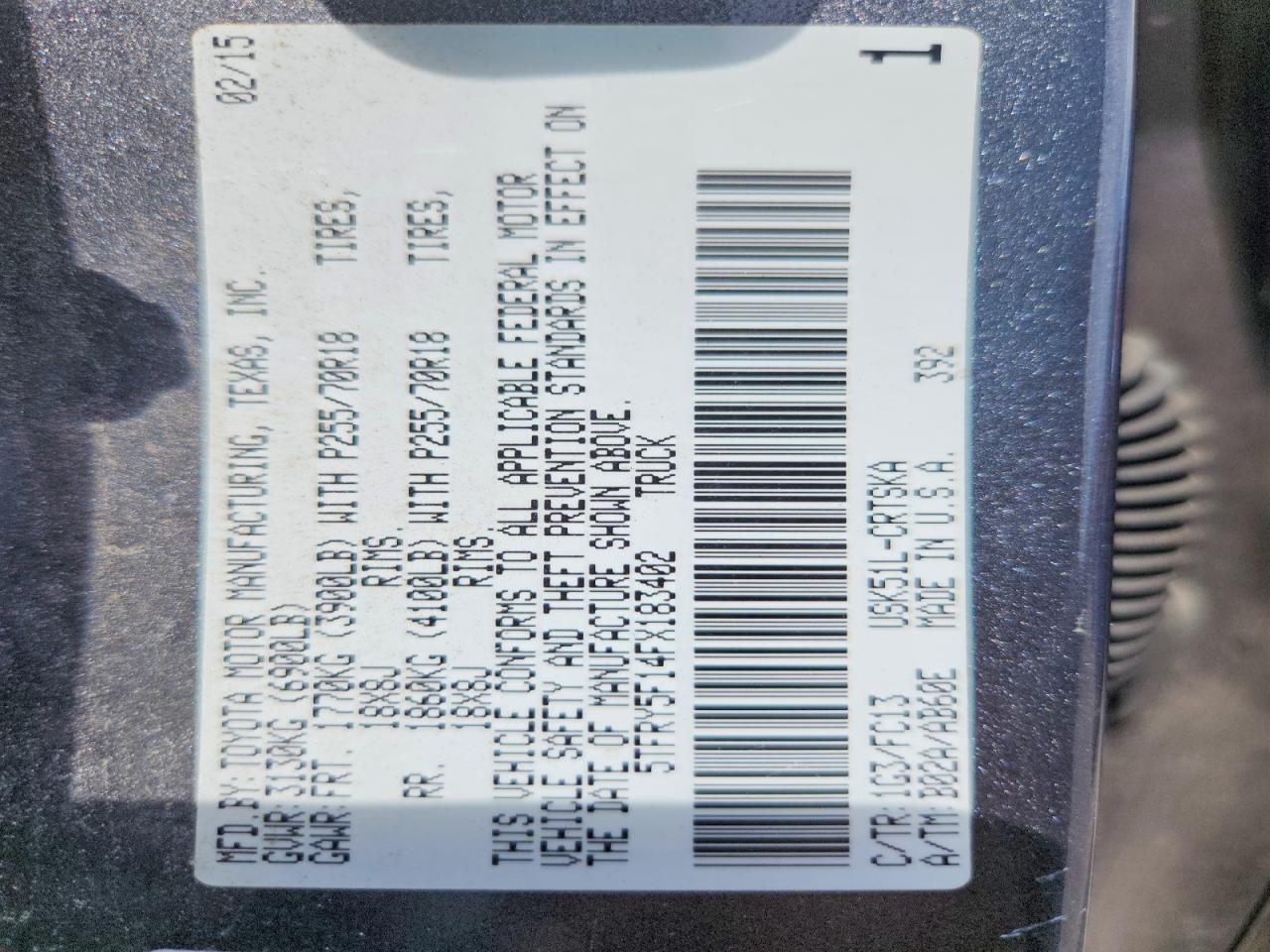 2015 Toyota Tundra Sr5 Gray vin: 5TFRY5F14FX183402