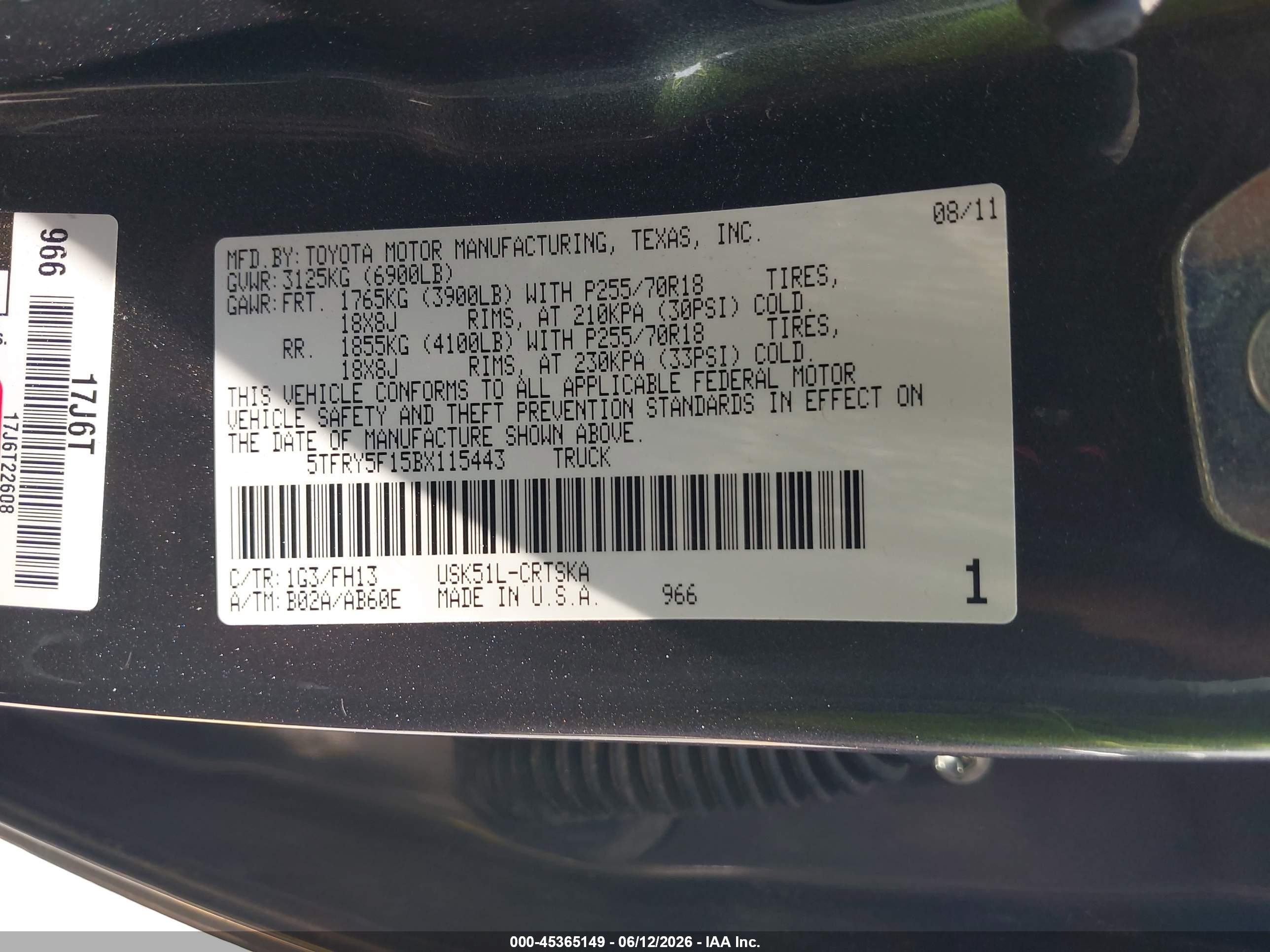 2011 Toyota Tundra Grade 5.7l V8 Gray vin: 5TFRY5F15BX115443