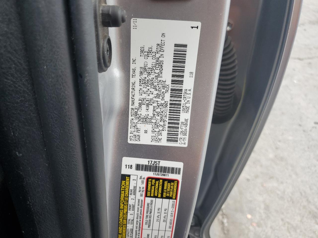 2012 Toyota Tundra Double Cab Sr5 Серебряный vin: 5TFRY5F16CX119065
