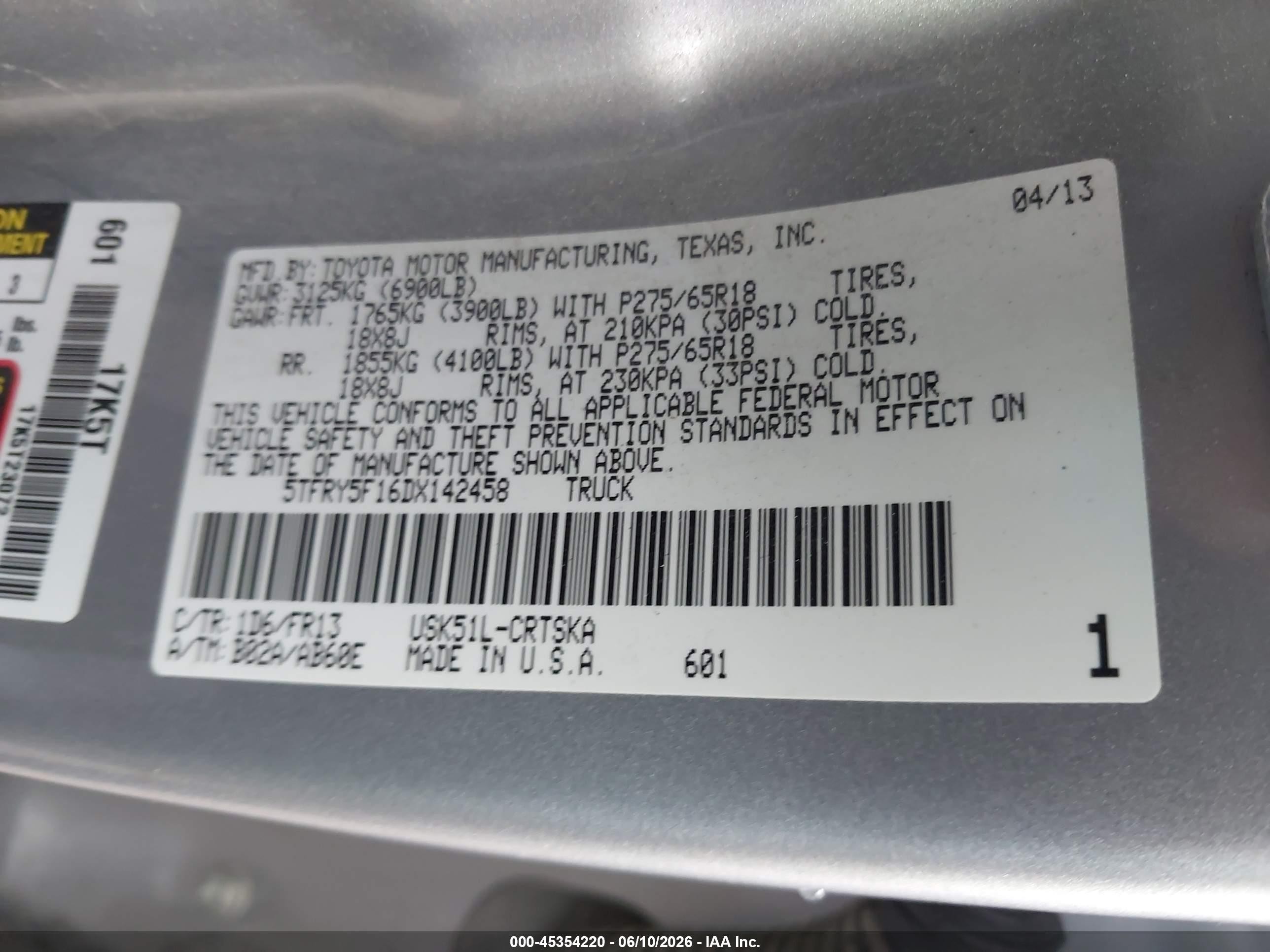 2013 Toyota Tundra Grade 5.7l V8 Silver vin: 5TFRY5F16DX142458