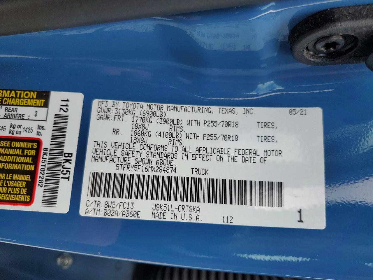 2021 Toyota Tundra Sr5 Blue vin: 5TFRY5F16MX284874