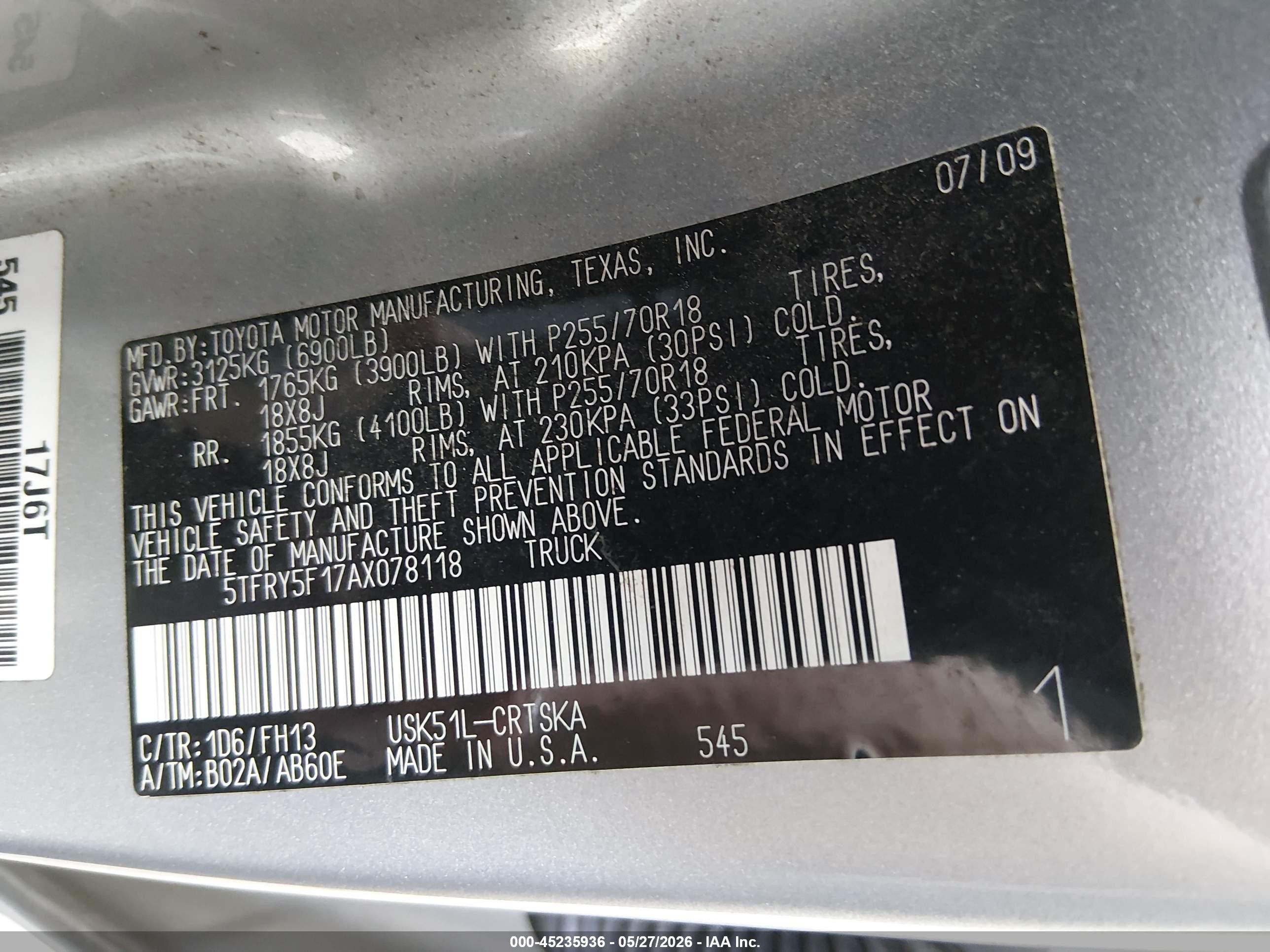 2010 Toyota Tundra Grade 5.7l V8 Silver vin: 5TFRY5F17AX078118