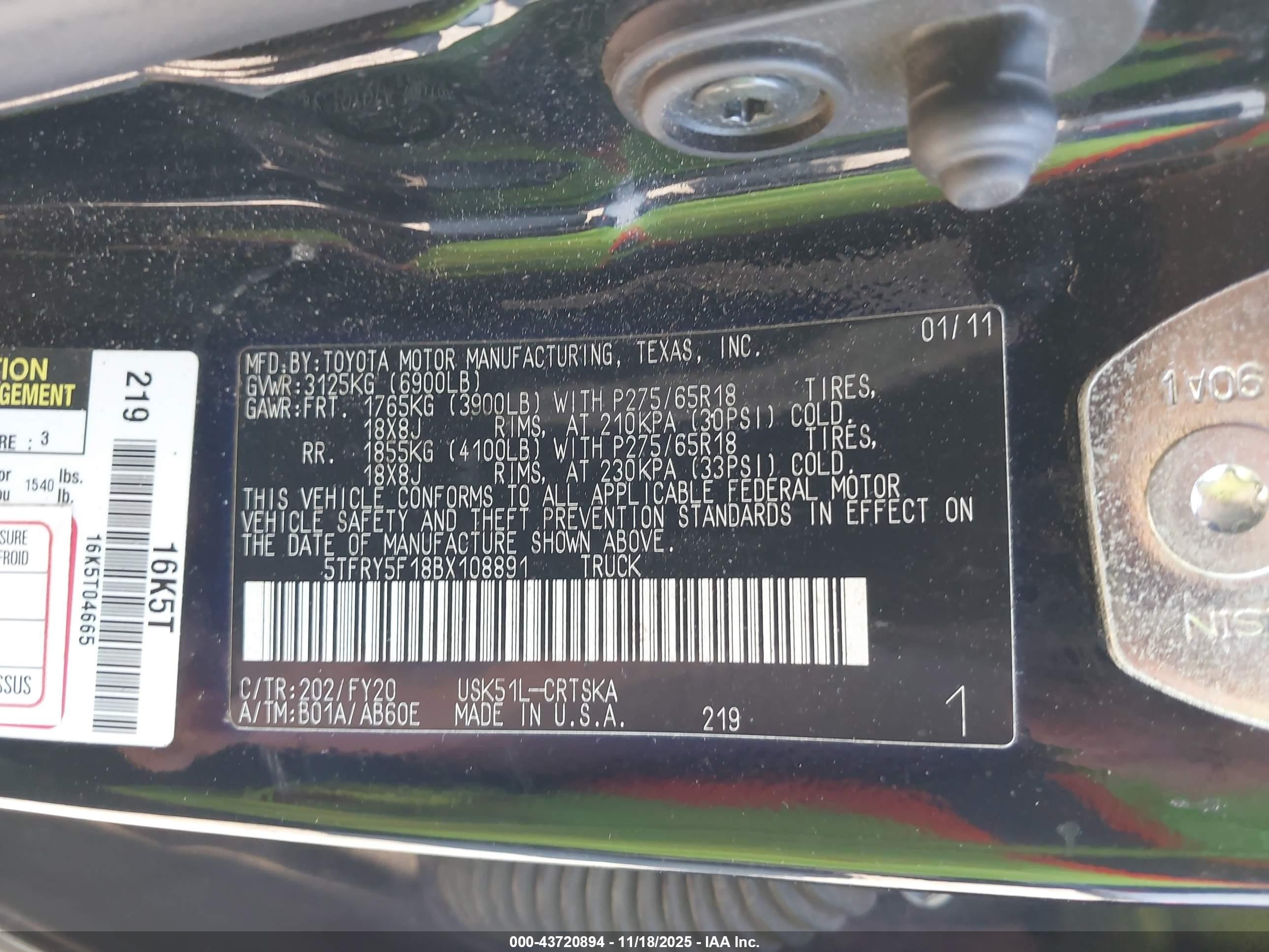 2011 Toyota Tundra Grade 5.7l V8 Black vin: 5TFRY5F18BX108891