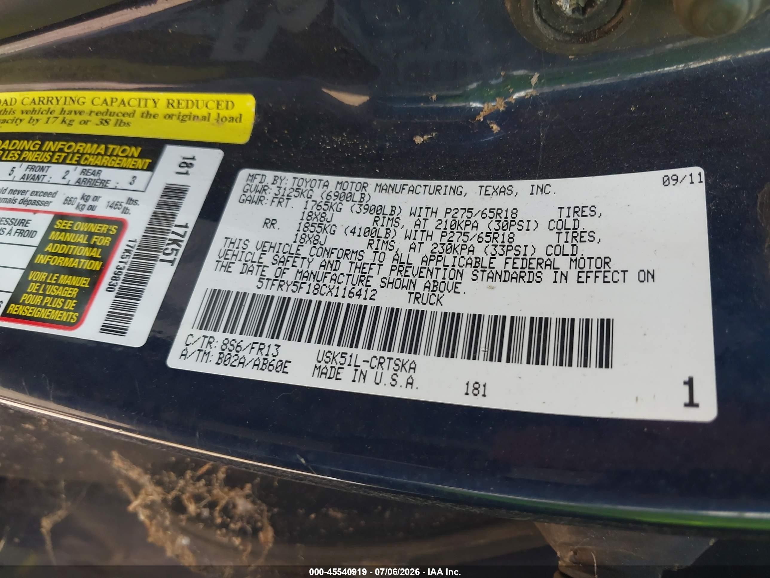 2012 Toyota Tundra Grade 5.7l V8 Blue vin: 5TFRY5F18CX116412
