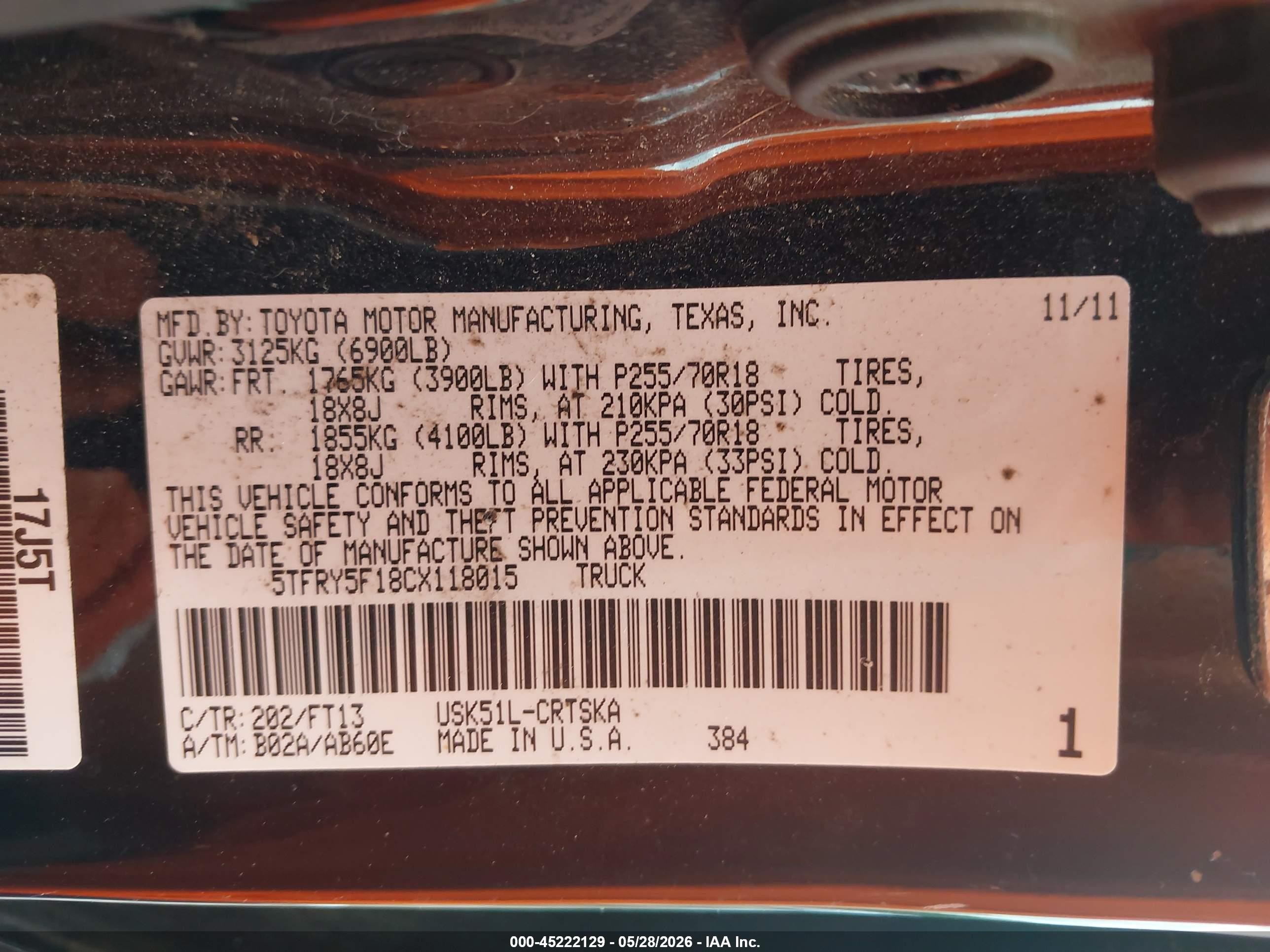 2012 Toyota Tundra Grade 5.7l V8 Black vin: 5TFRY5F18CX118015